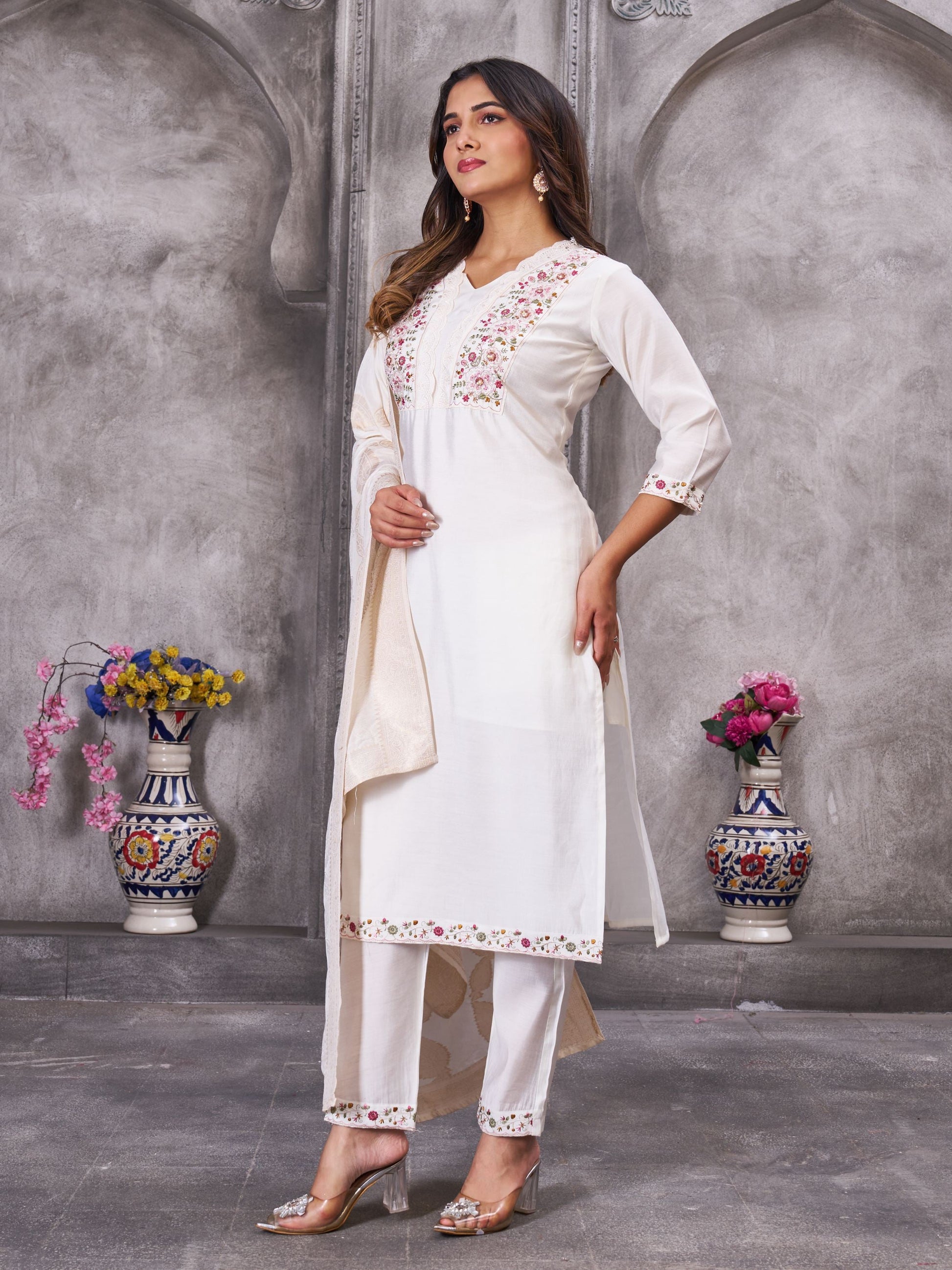 Sonakshi Women's White Roman Silk Multi Embroidered Sequins With Hand Work Kurta Set with Dupatta