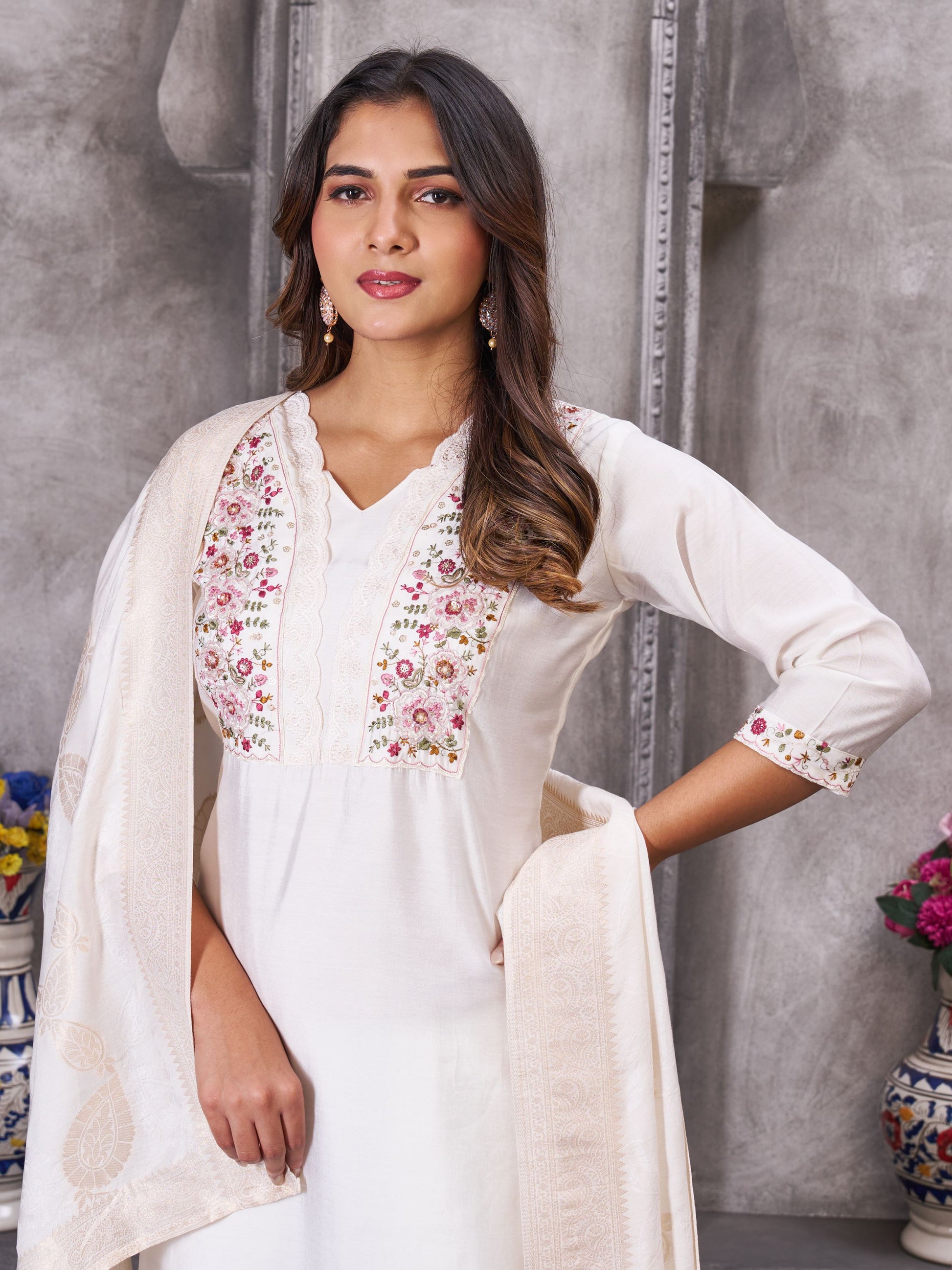 Sonakshi Women's White Roman Silk Multi Embroidered Sequins With Hand Work Kurta Set with Dupatta