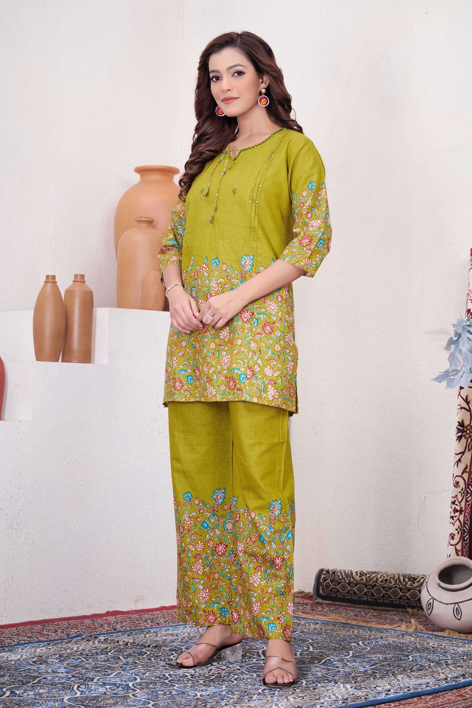 Sonakshi Women's Mehendi Cotton Printed Straight Top & Bottom Set