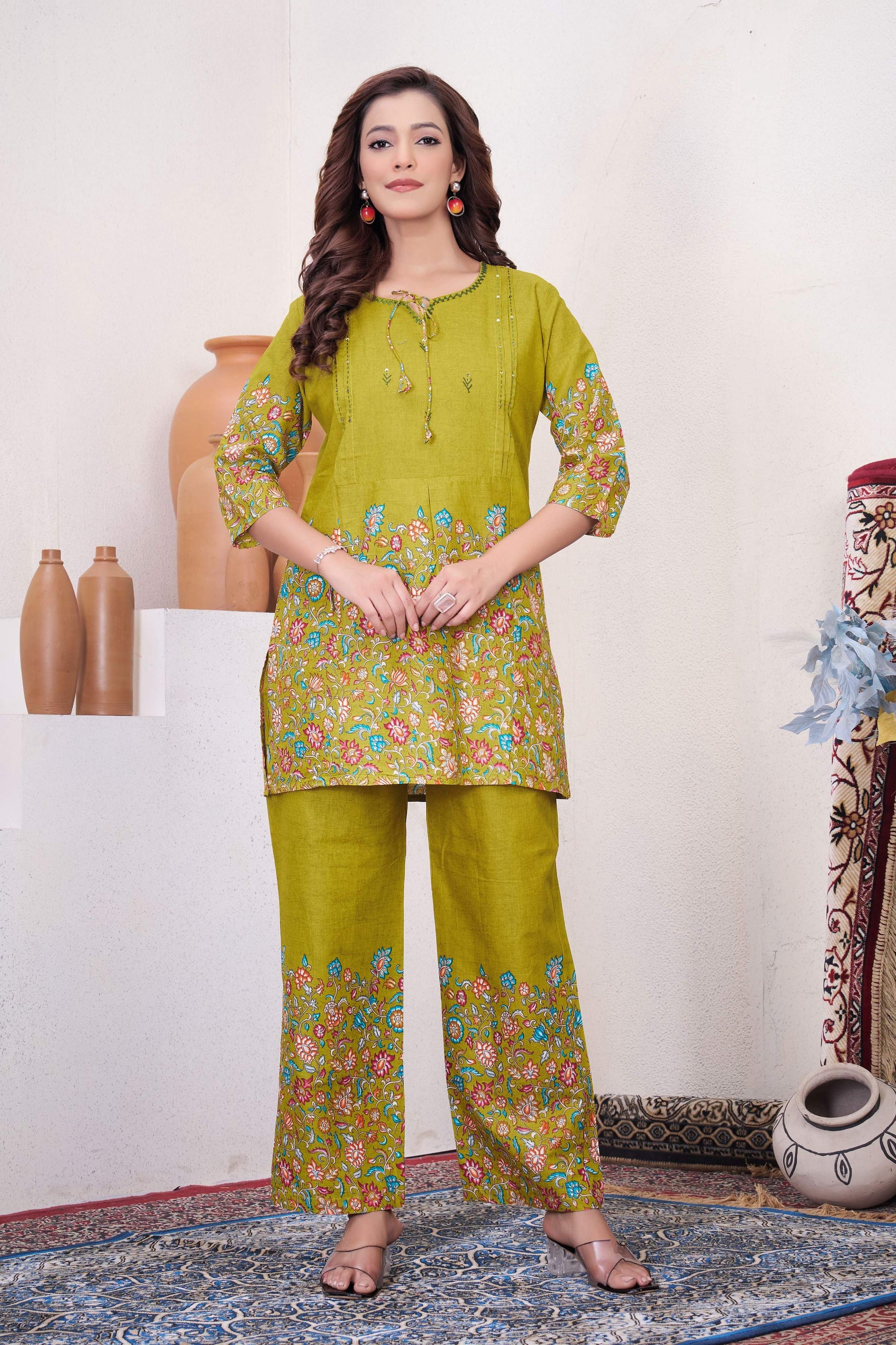 Sonakshi Women's Mehendi Cotton Printed Straight Top & Bottom Set