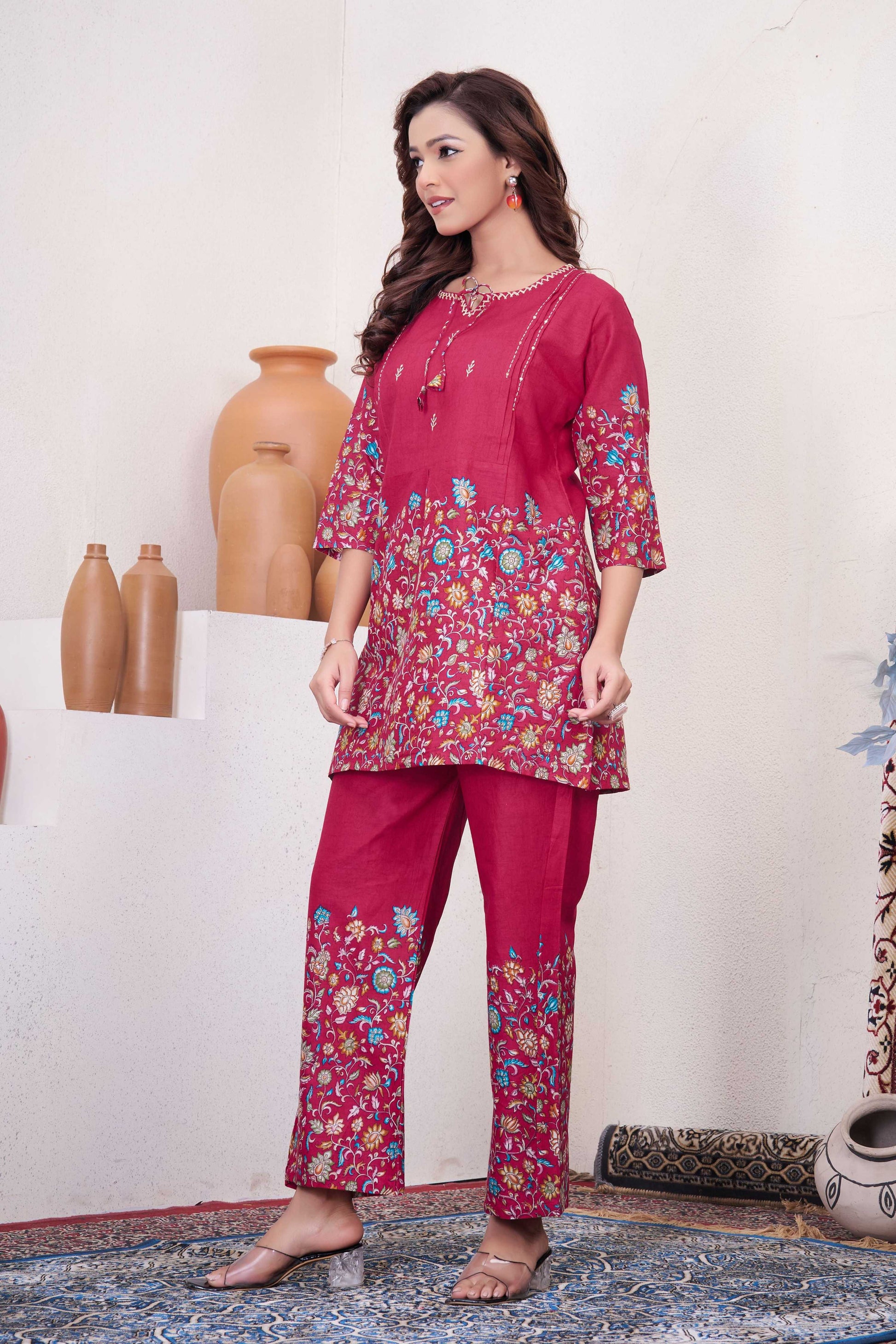 Sonakshi Women's Pink Cotton Printed Straight Top & Bottom Set
