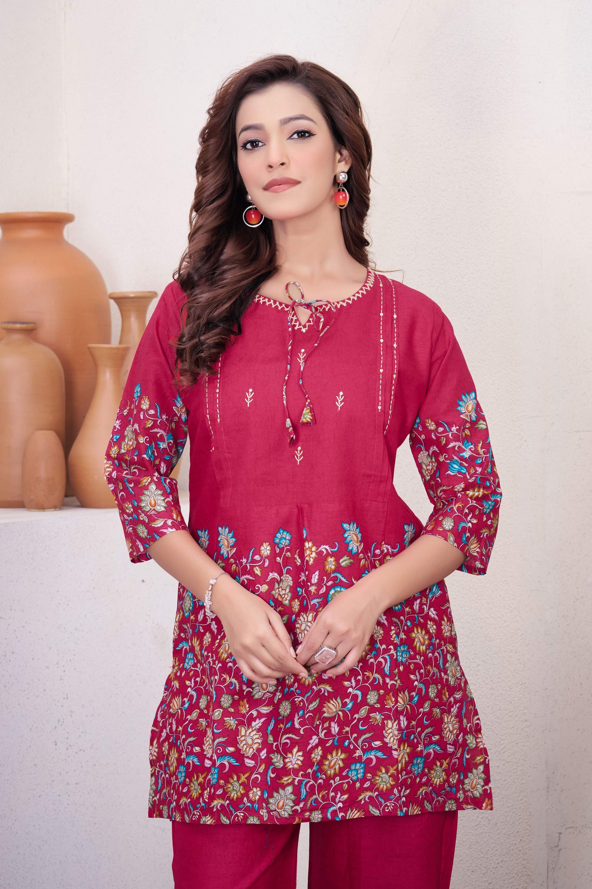 Sonakshi Women's Pink Cotton Printed Straight Top & Bottom Set