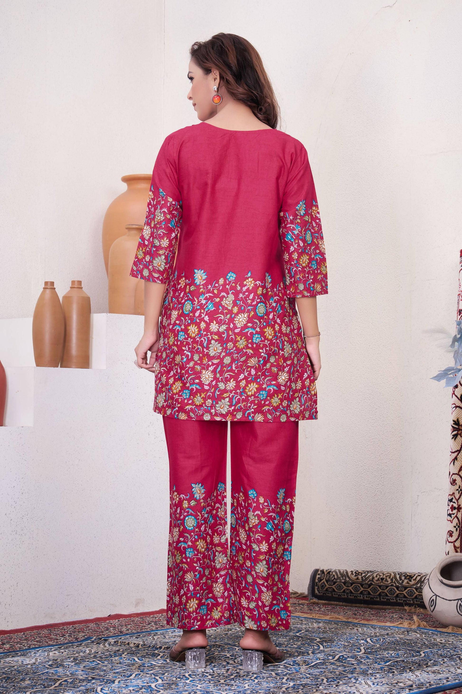 Sonakshi Women's Pink Cotton Printed Straight Top & Bottom Set