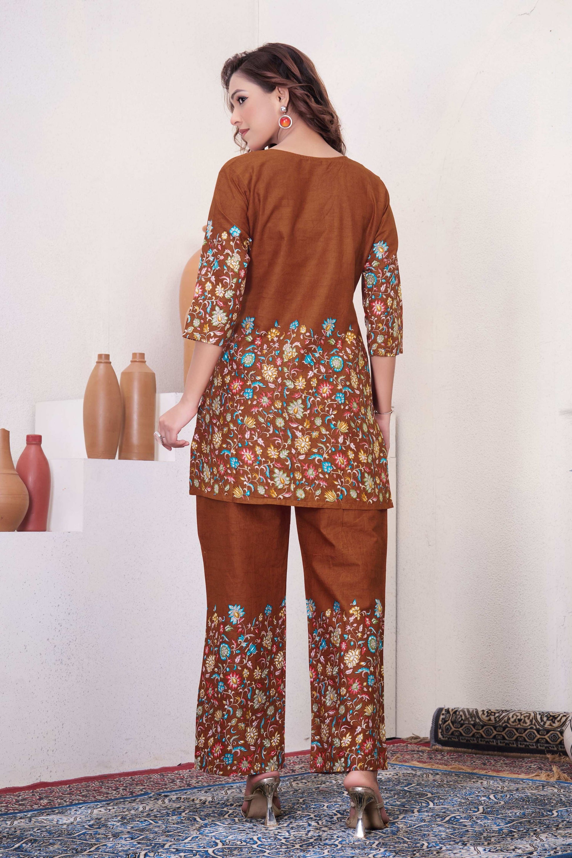 Sonakshi Women's Brown Cotton Printed Straight Top & Bottom Set