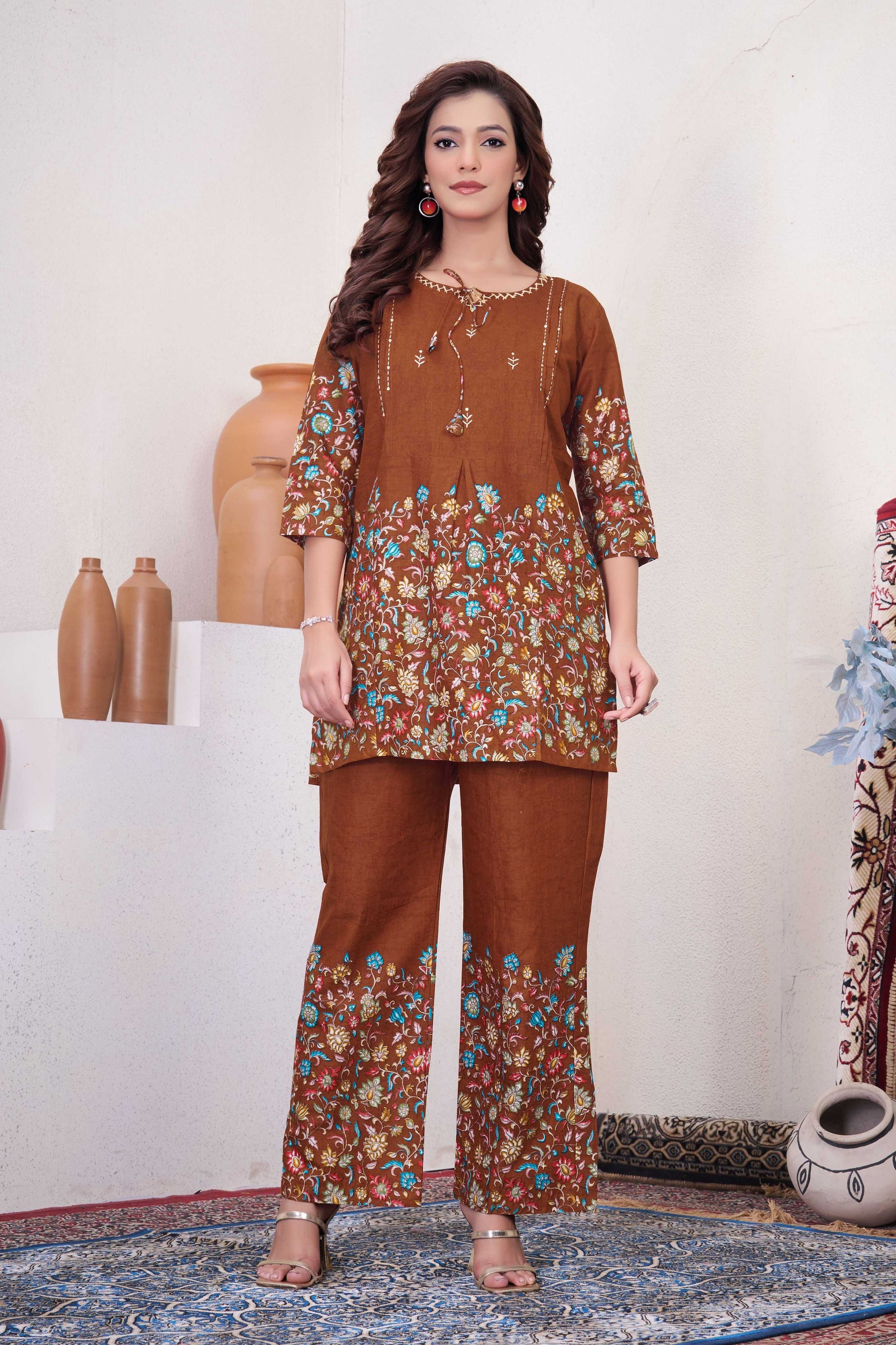 Sonakshi Women's Brown Cotton Printed Straight Top & Bottom Set