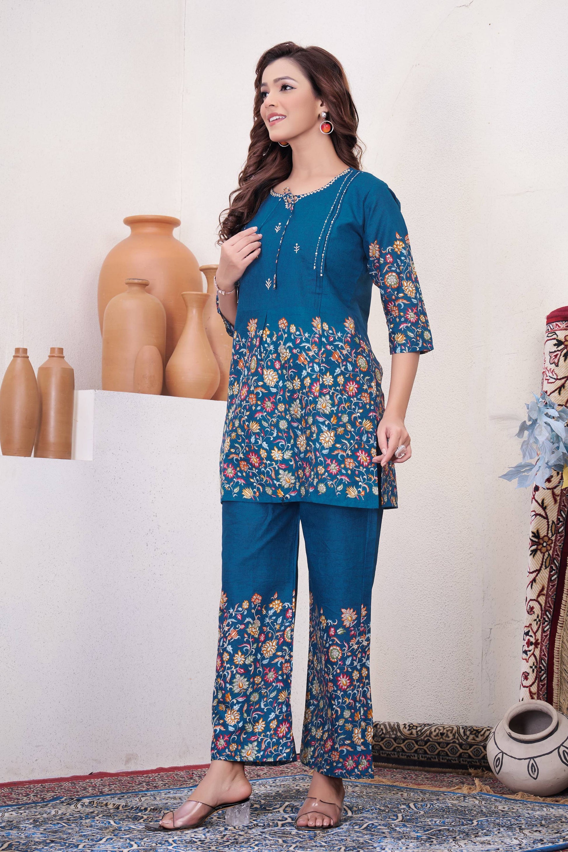 Sonakshi Women's Teal Cotton Printed Straight Top & Bottom Set