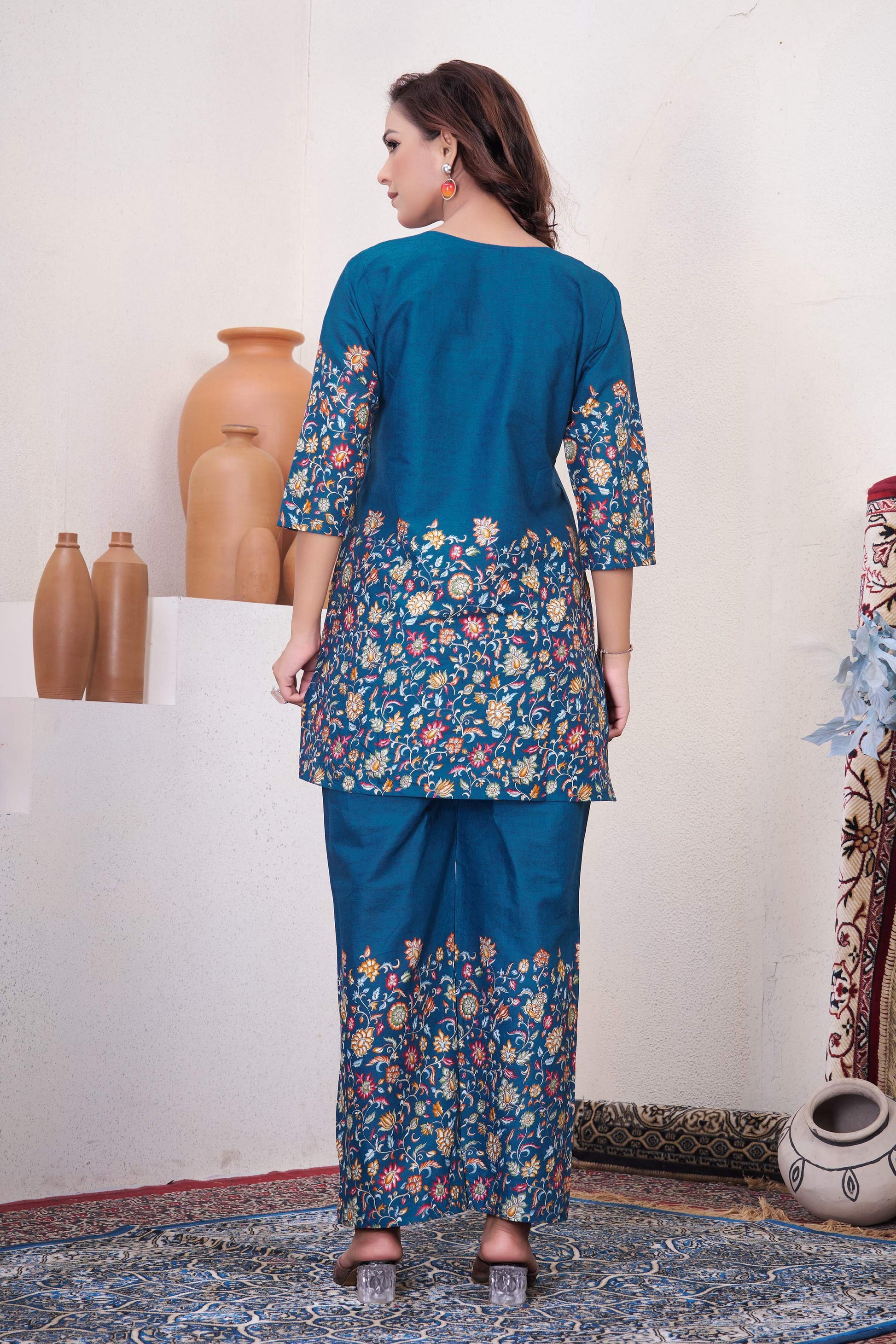Sonakshi Women's Teal Cotton Printed Straight Top & Bottom Set