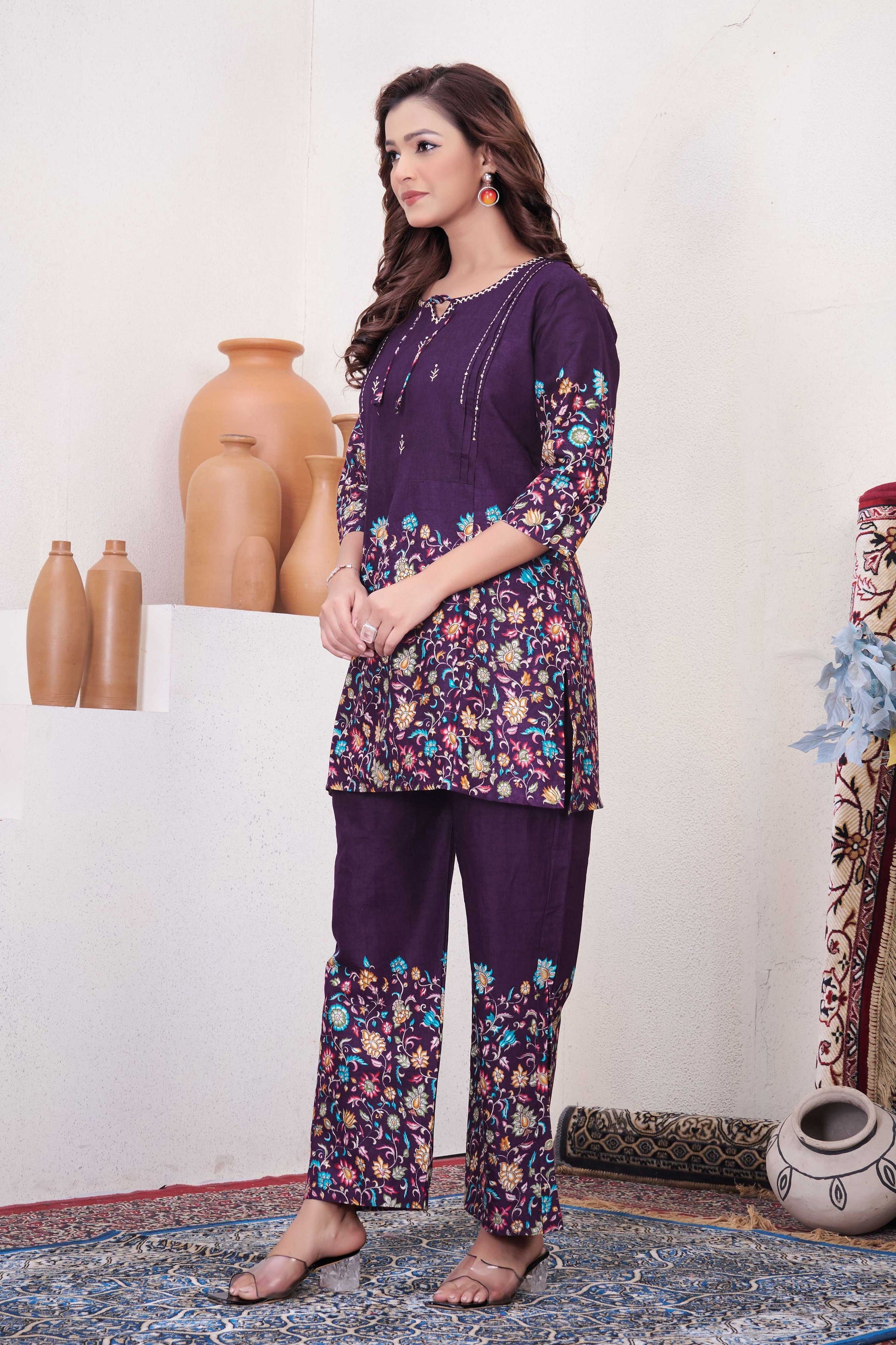 Sonakshi Women's Purple Cotton Printed Straight Top & Bottom Set
