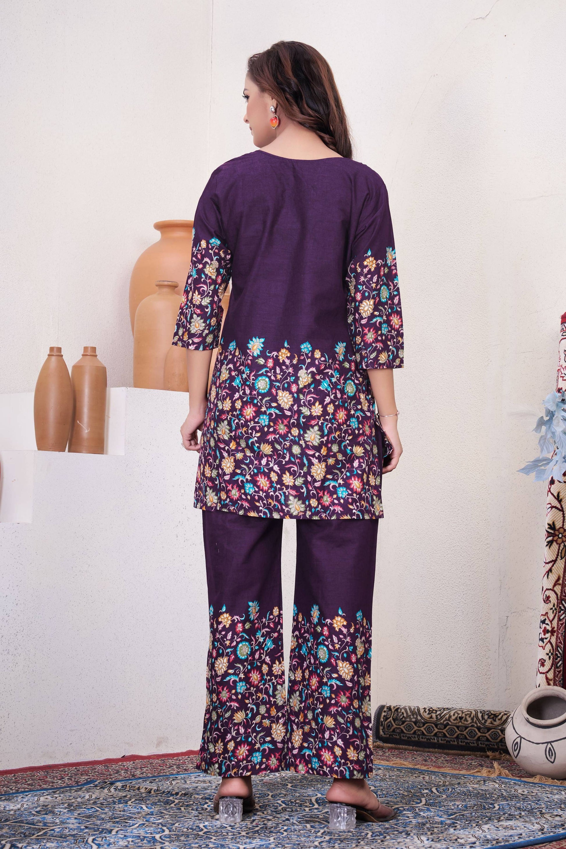 Sonakshi Women's Purple Cotton Printed Straight Top & Bottom Set