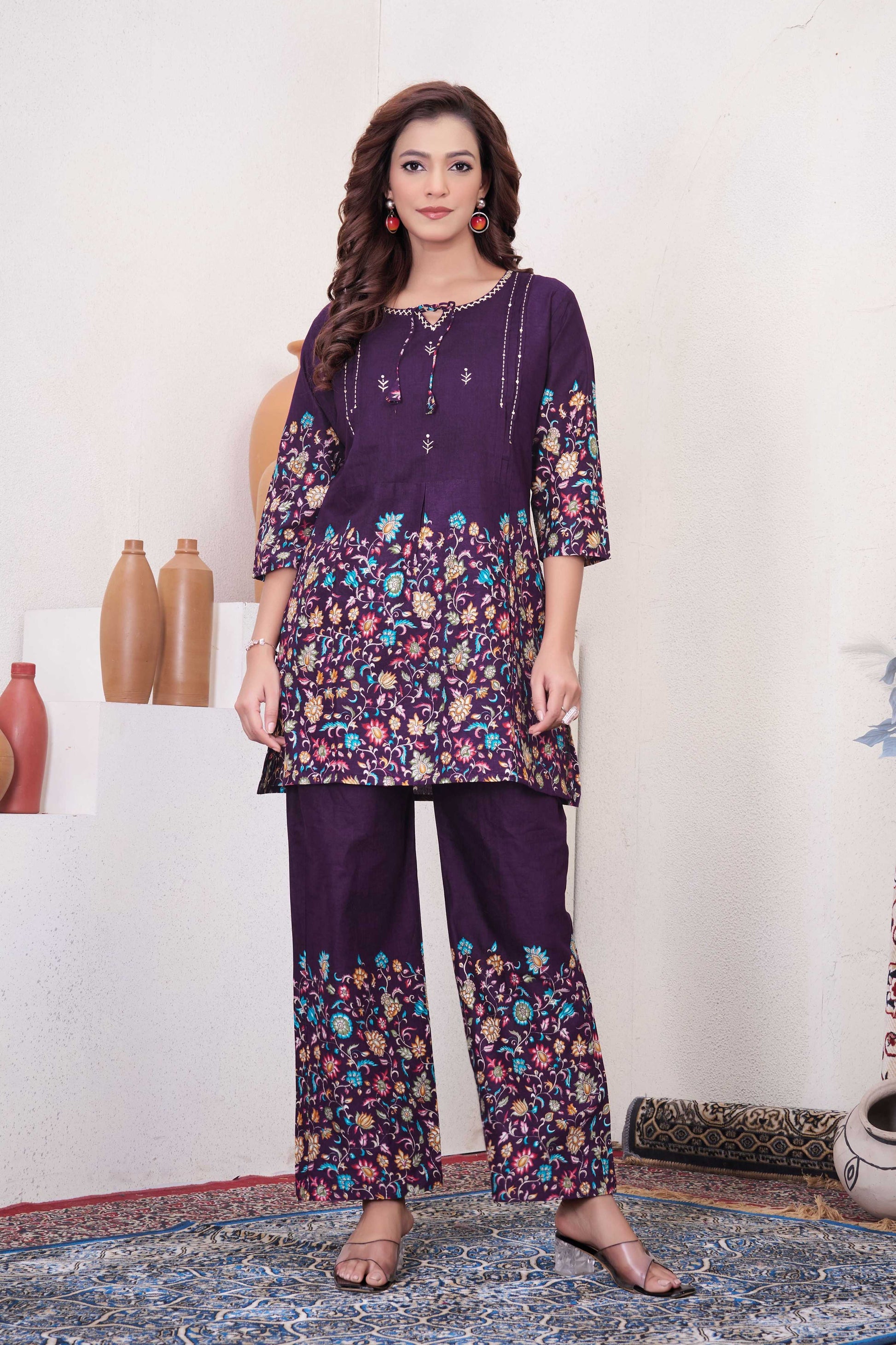 Sonakshi Women's Purple Cotton Printed Straight Top & Bottom Set