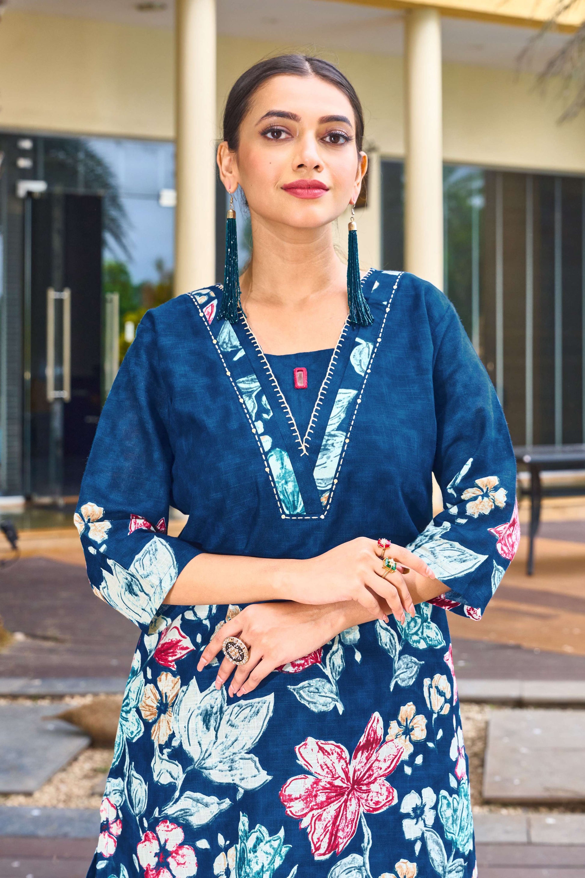 Sonakshi Women's Blue Cotton Printed Straight Top & Bottom Set
