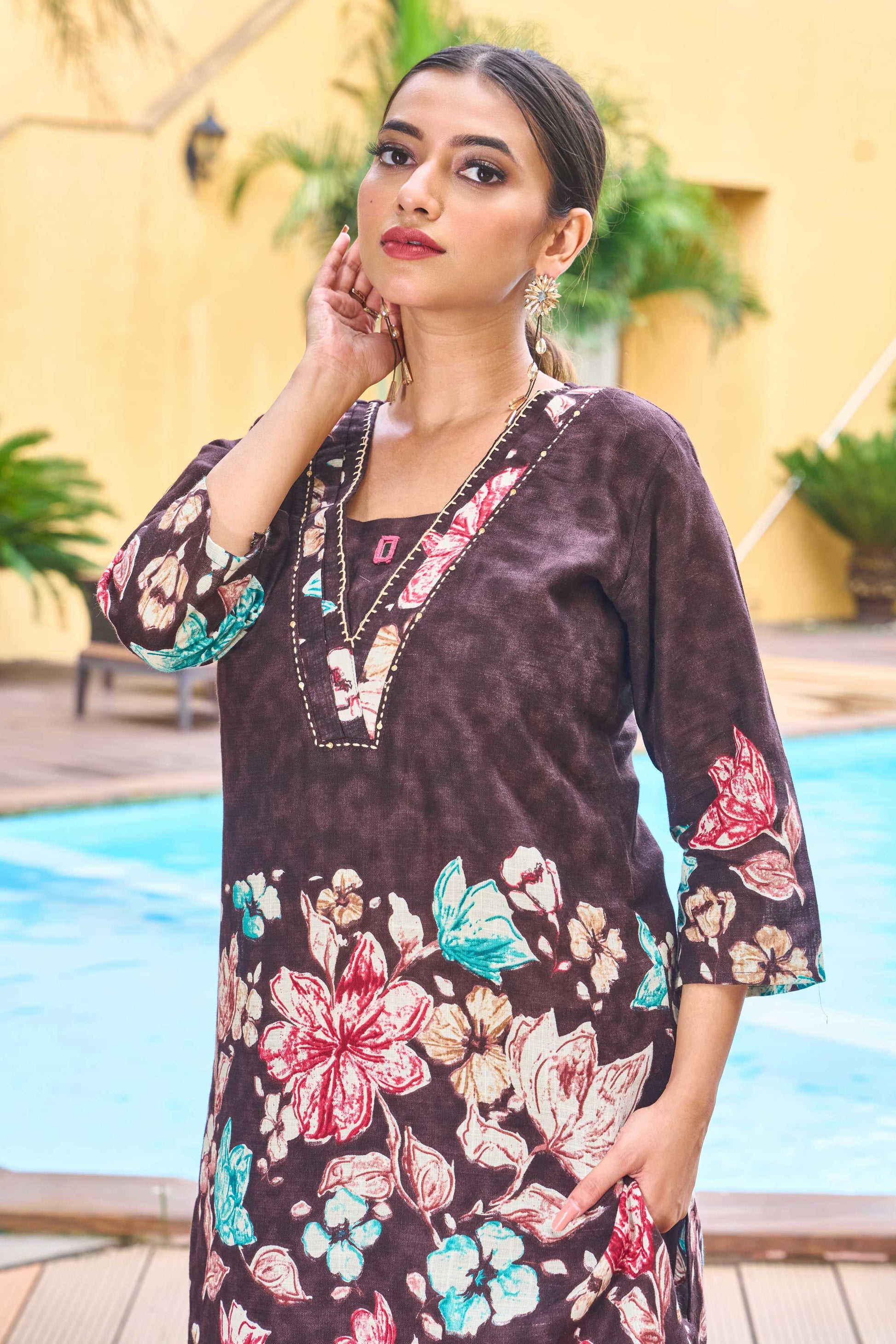 Sonakshi Women's Coffee Cotton Printed Straight Top & Bottom Set