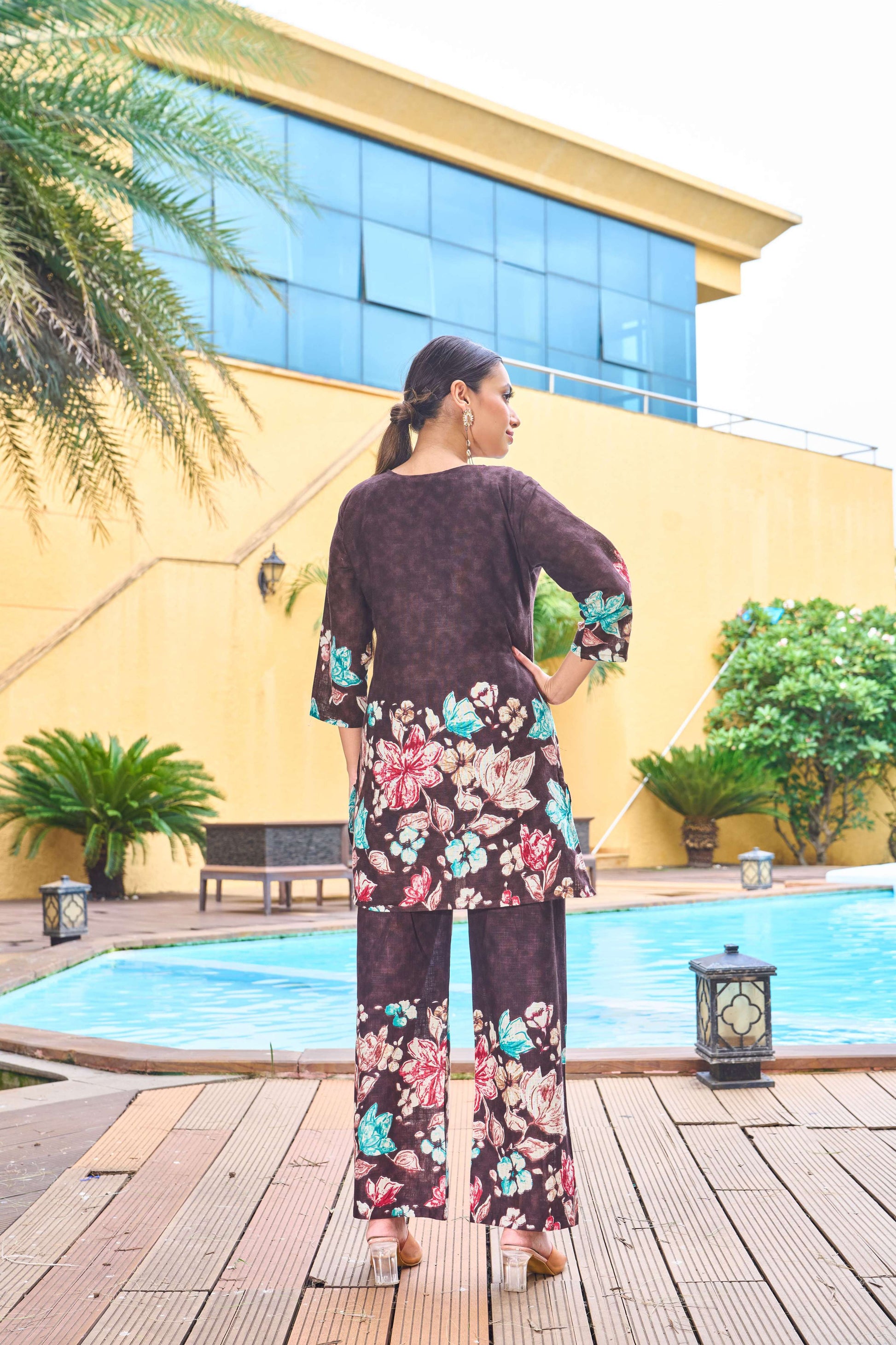 Sonakshi Women's Coffee Cotton Printed Straight Top & Bottom Set