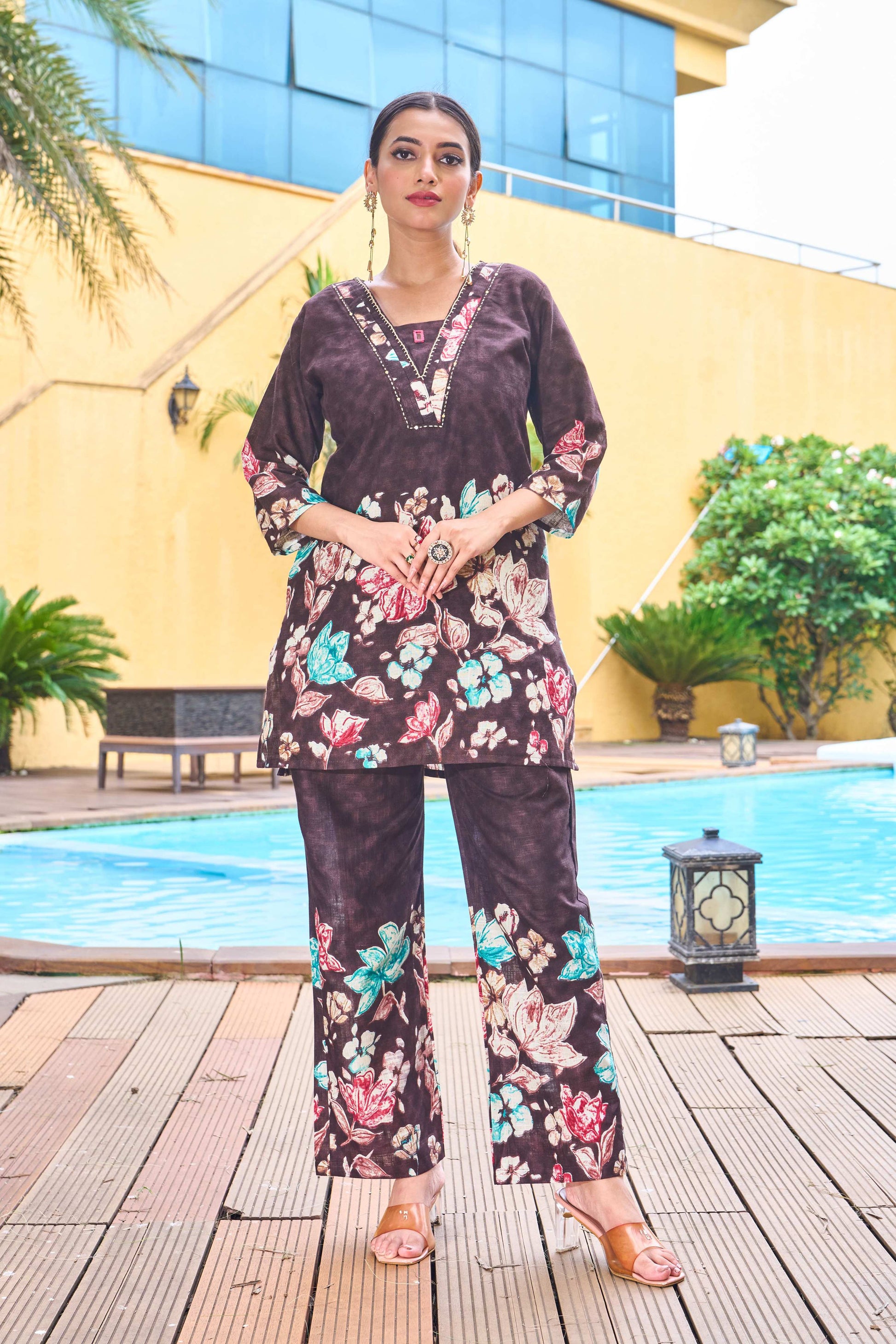 Sonakshi Women's Coffee Cotton Printed Straight Top & Bottom Set