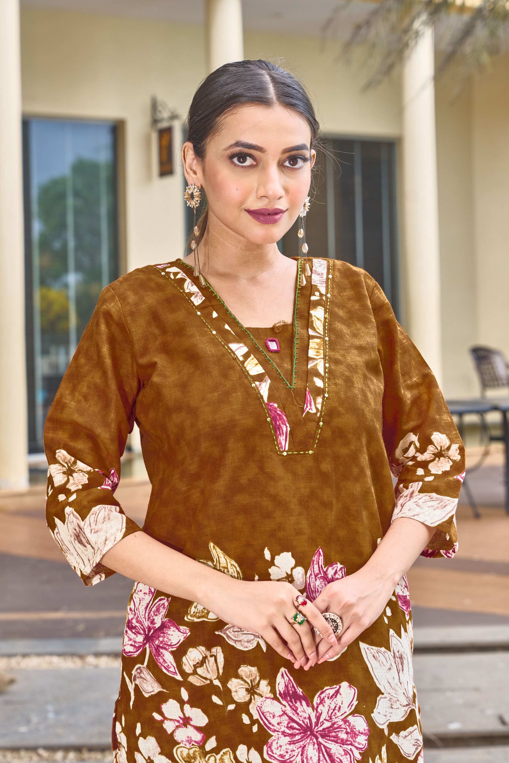 Sonakshi Women's Mustard Cotton Printed Straight Top & Bottom Set