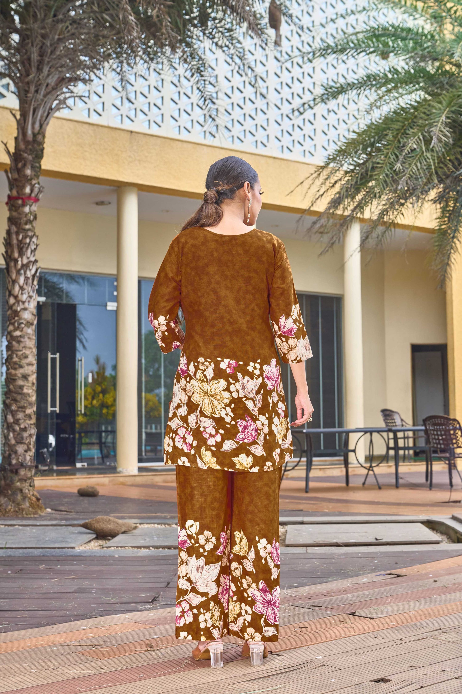 Sonakshi Women's Mustard Cotton Printed Straight Top & Bottom Set