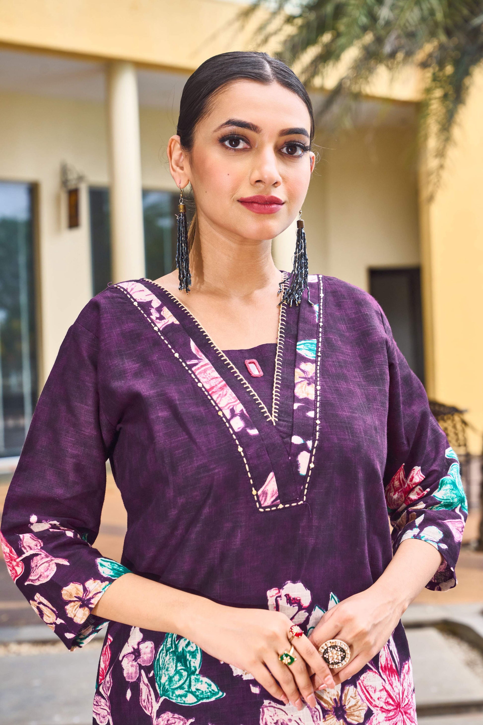 Sonakshi Women's Wine Cotton Printed Straight Top & Bottom Set