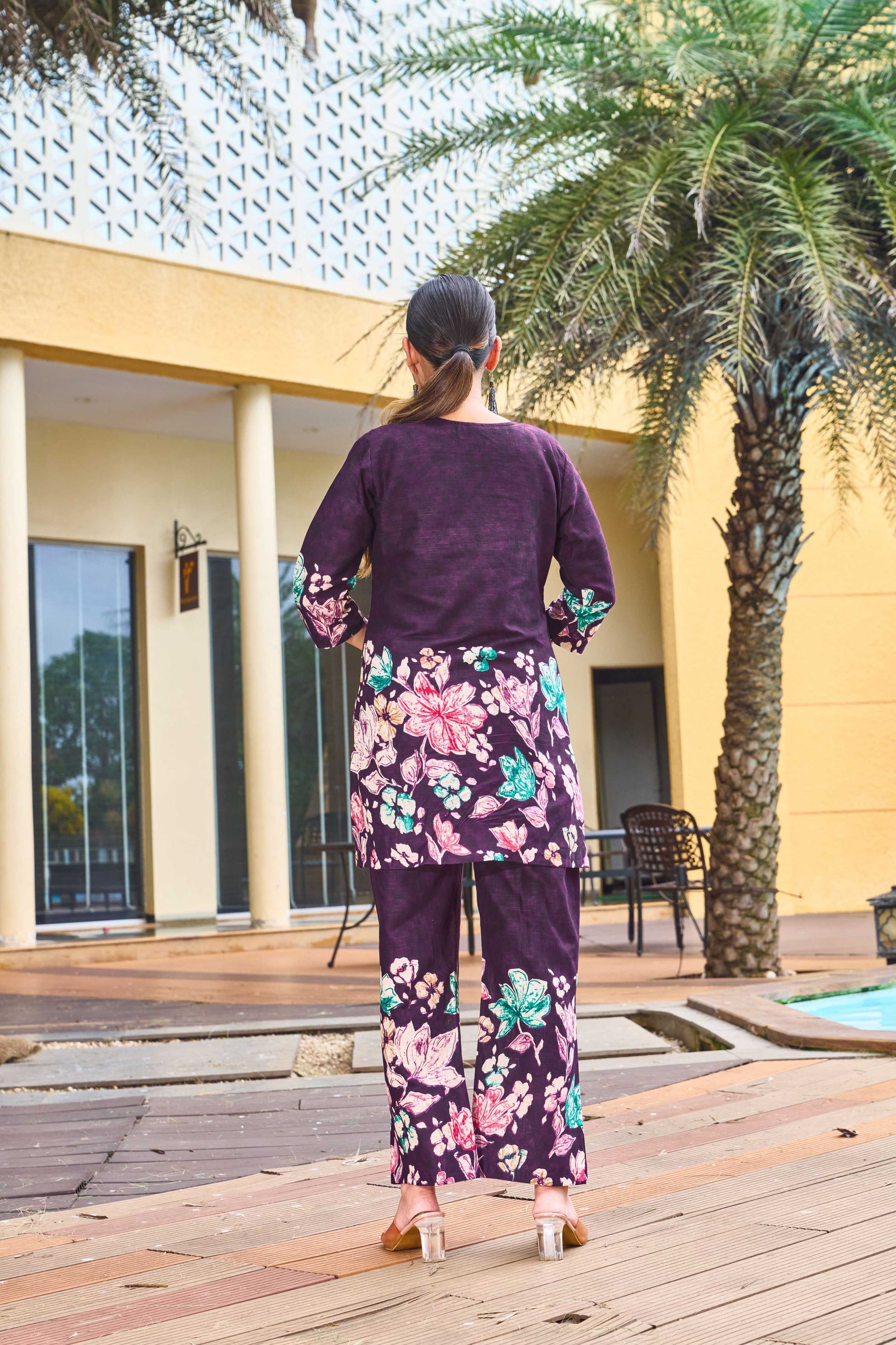 Sonakshi Women's Wine Cotton Printed Straight Top & Bottom Set