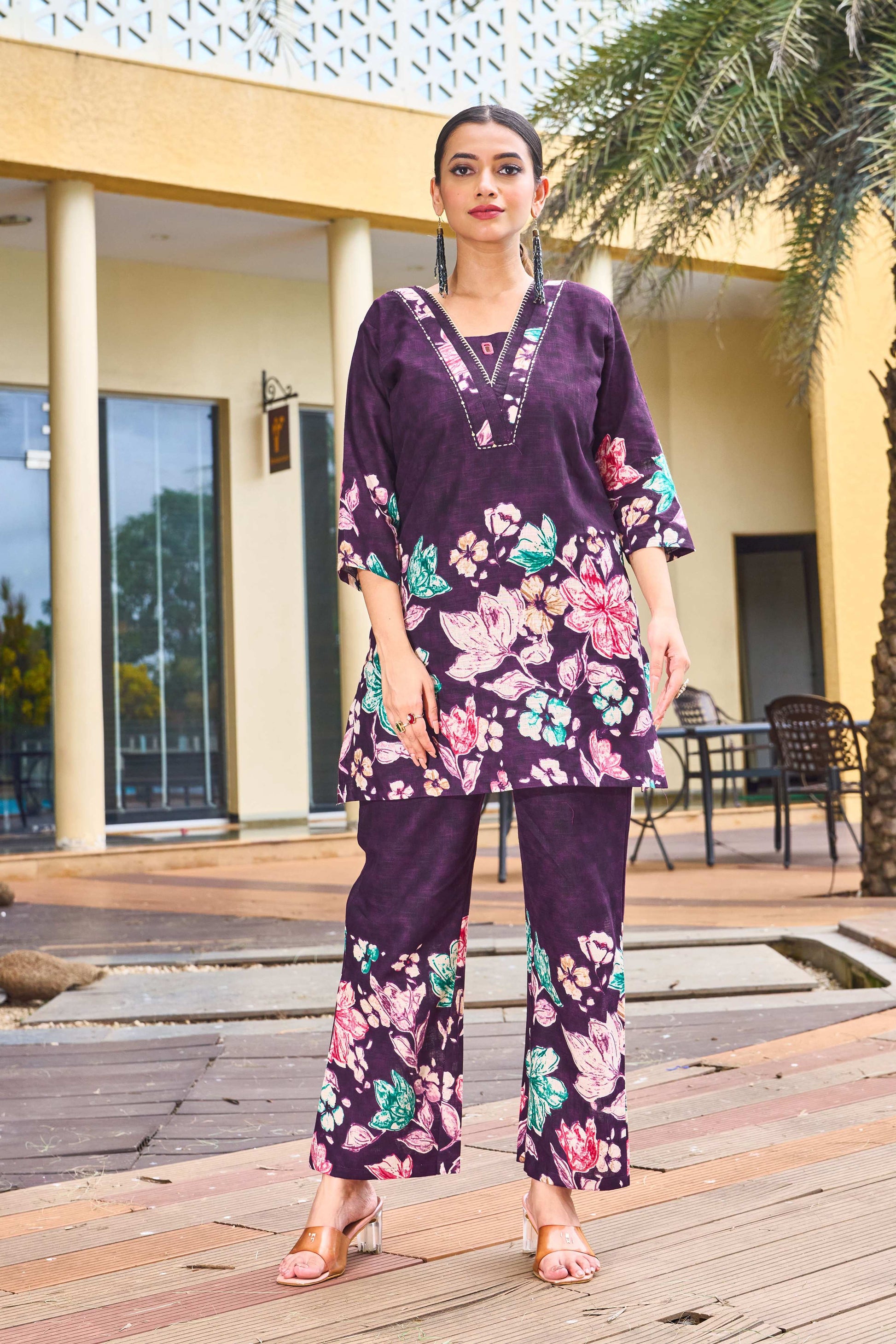 Sonakshi Women's Wine Cotton Printed Straight Top & Bottom Set