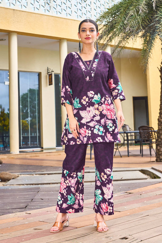 Sonakshi Women's Wine Cotton Printed Straight Top & Bottom Set