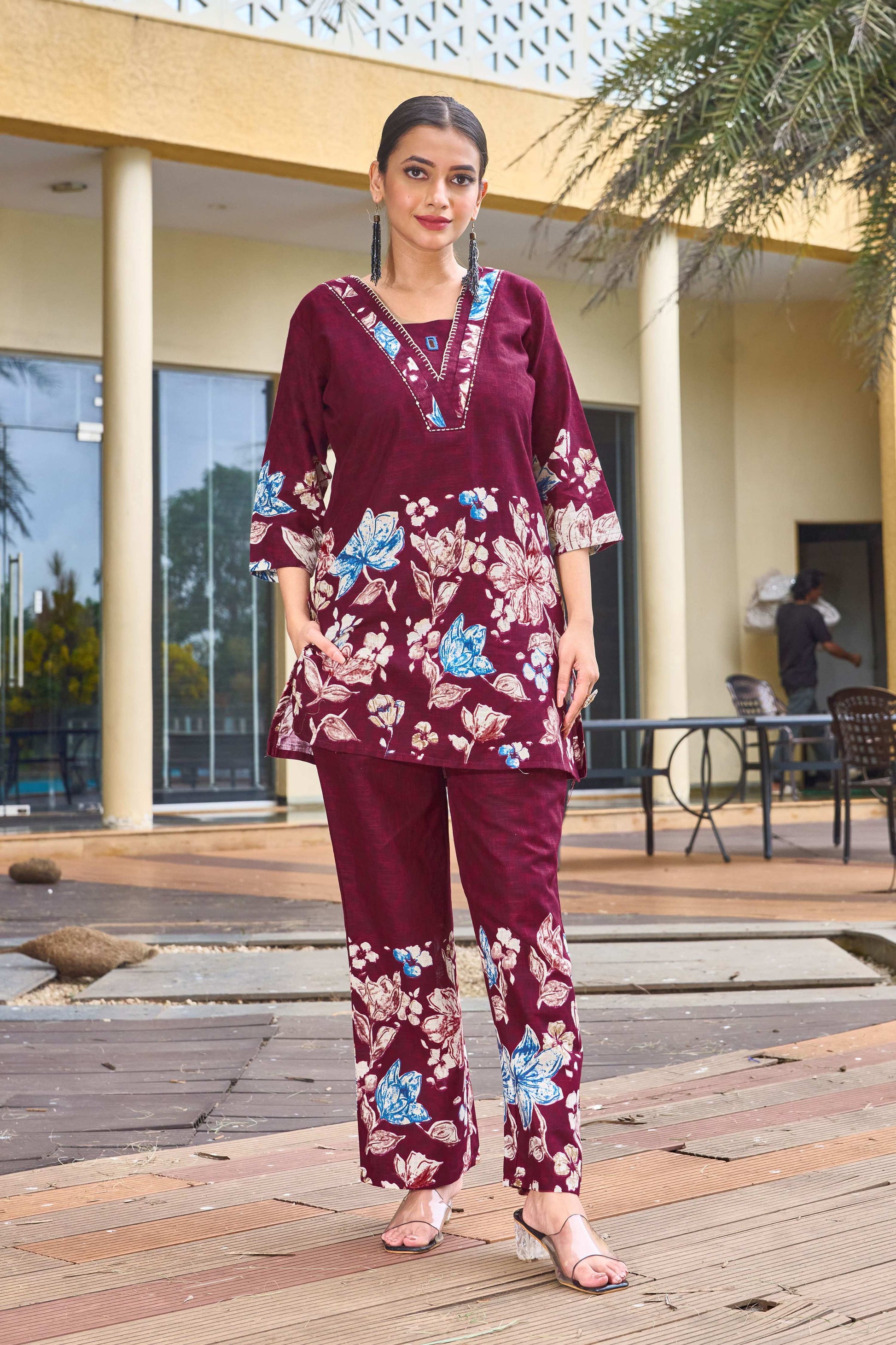 Sonakshi Women's Maroon Cotton Printed Straight Top & Bottom Set