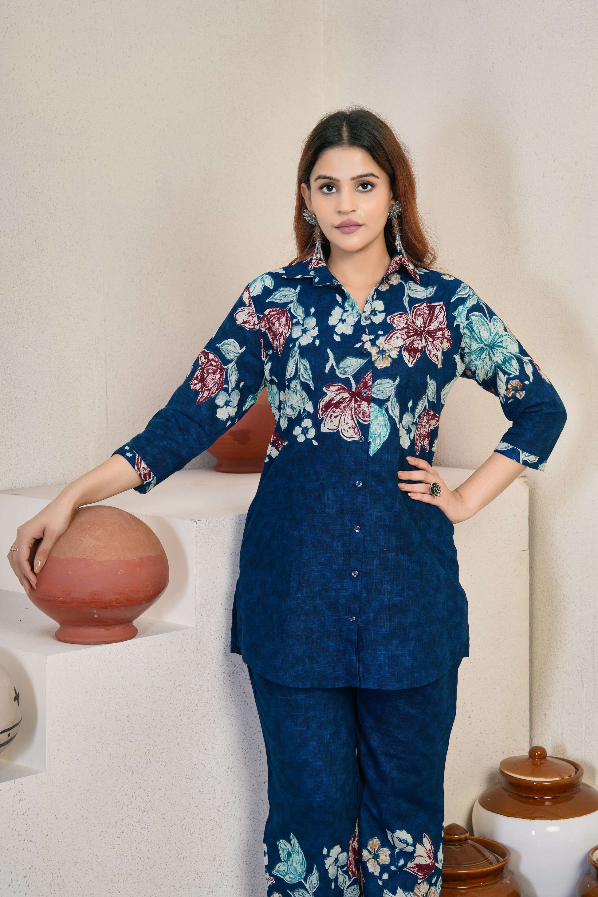Sonakshi Women's Teal Cotton Printed Straight Top & Bottom Set