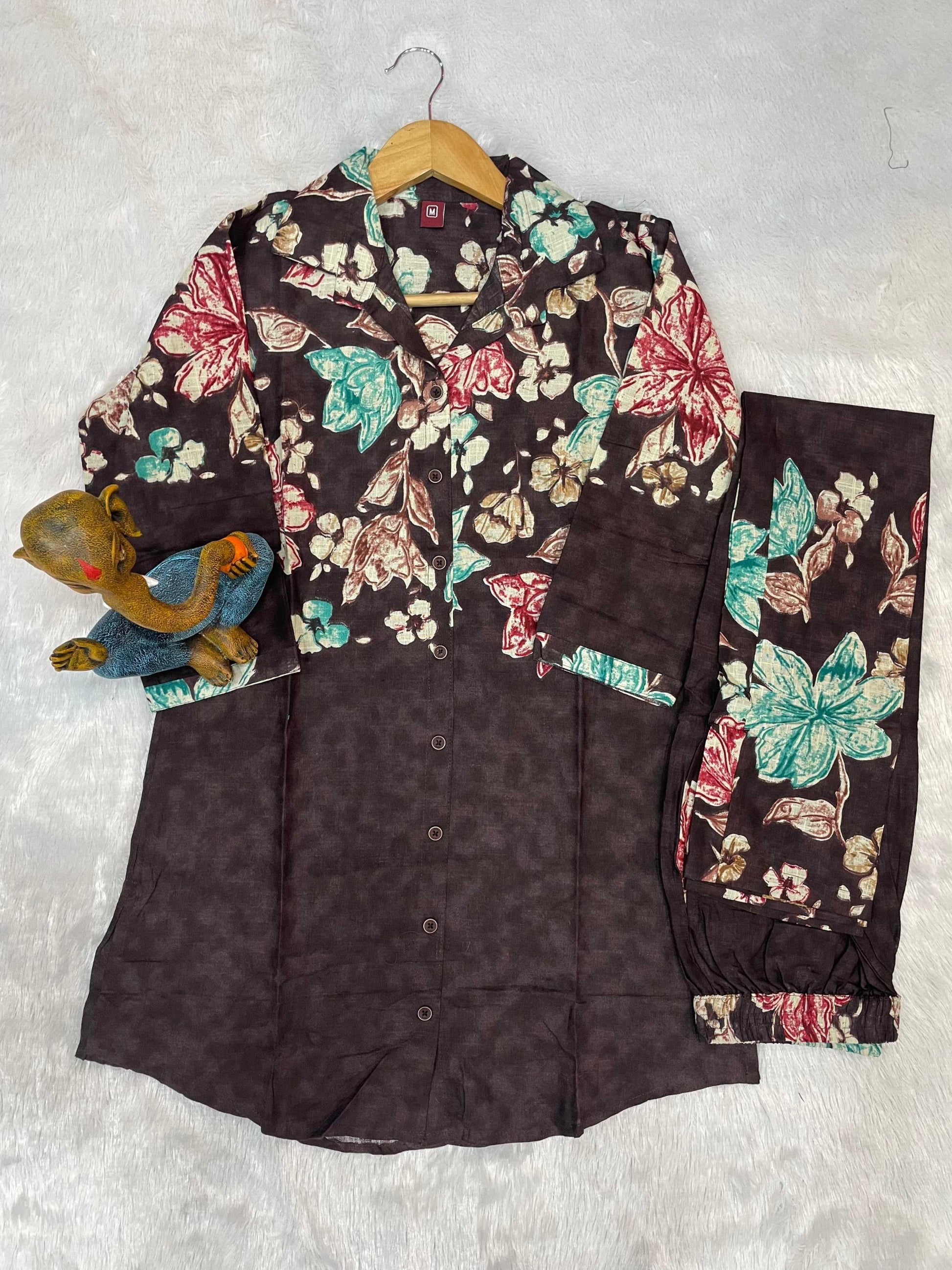 Sonakshi Women's Coffee Cotton Printed Straight Top & Bottom Set