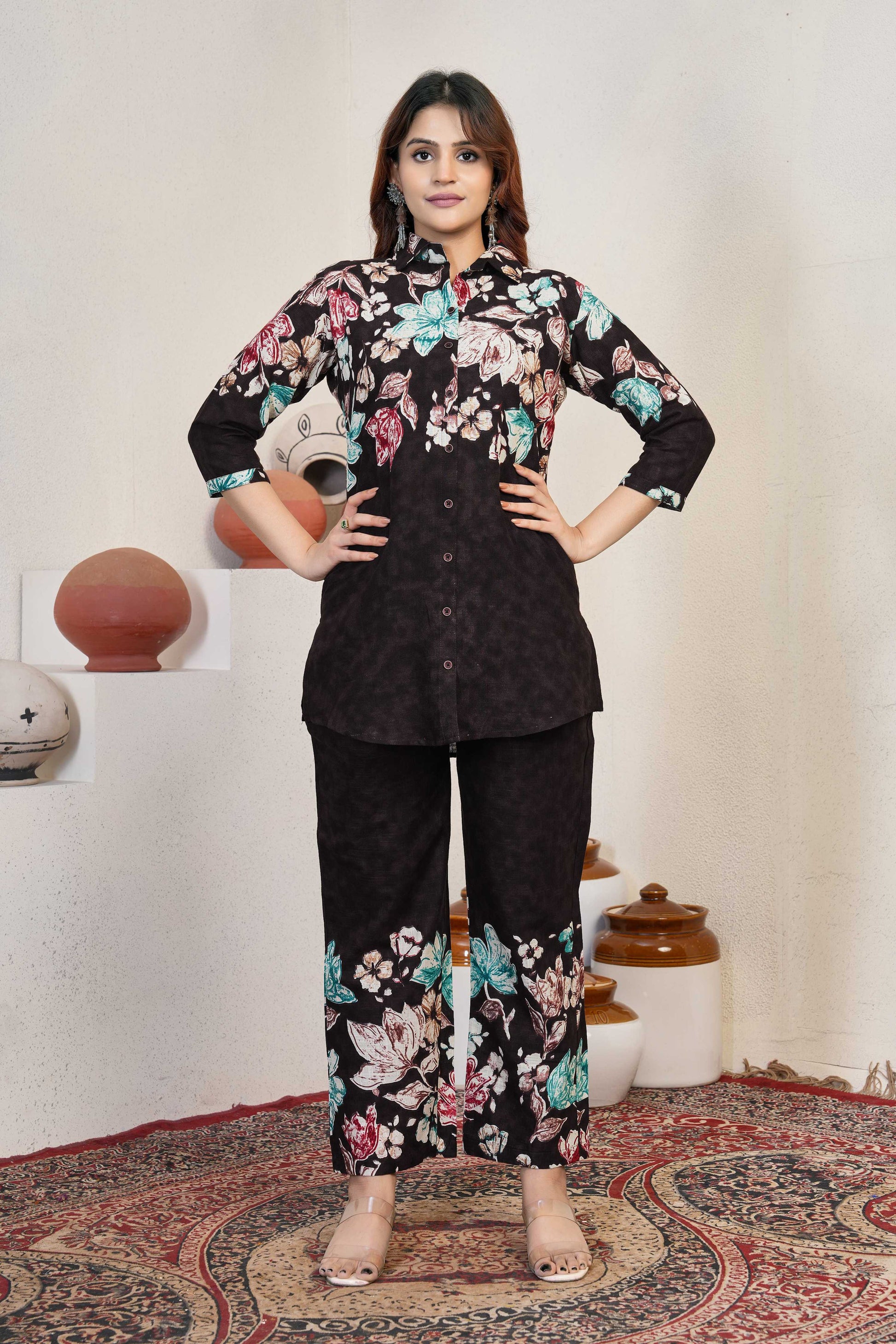 Sonakshi Women's Coffee Cotton Printed Straight Top & Bottom Set