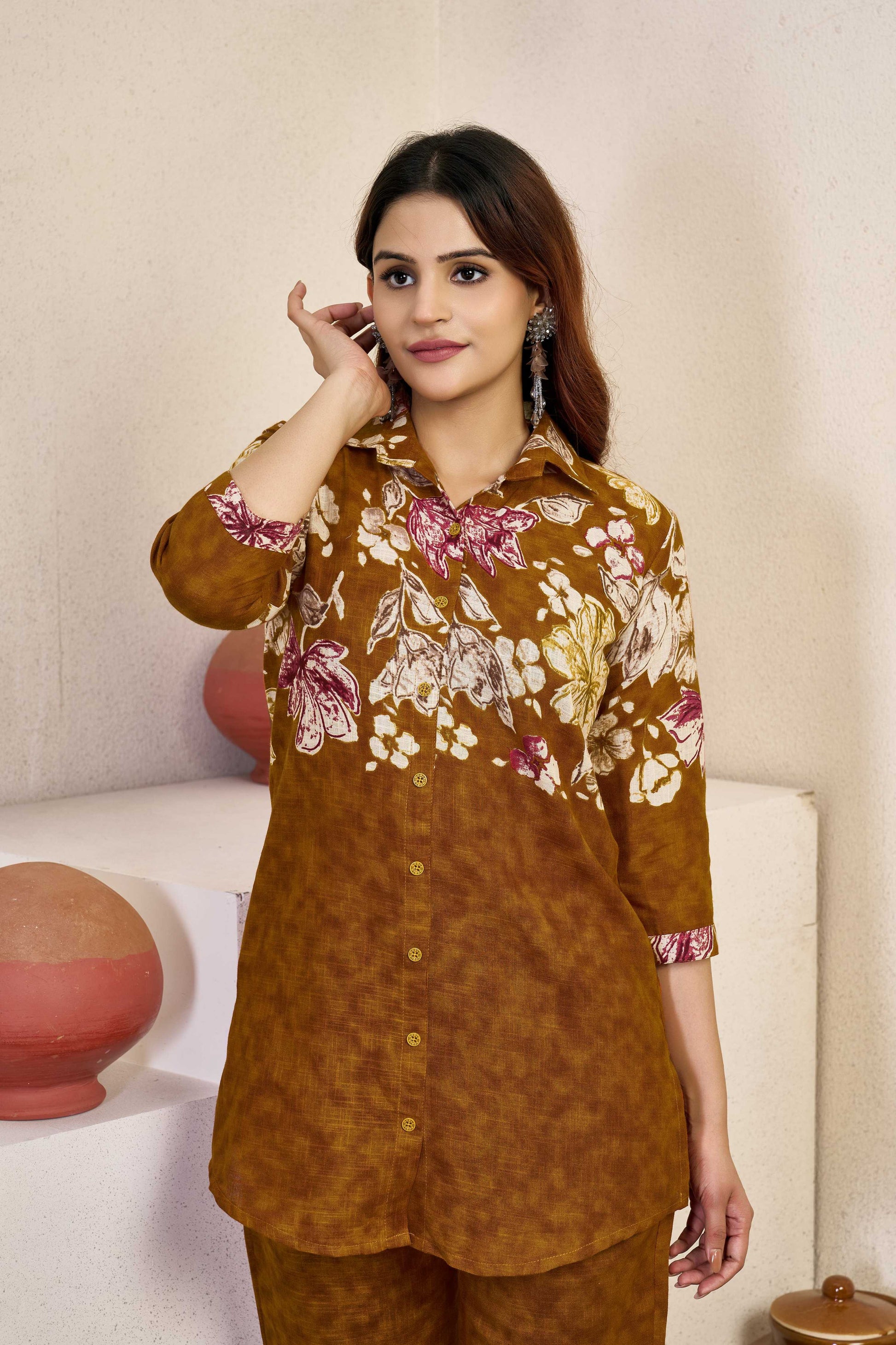Sonakshi Women's Mustard Cotton Printed Straight Top & Bottom Set