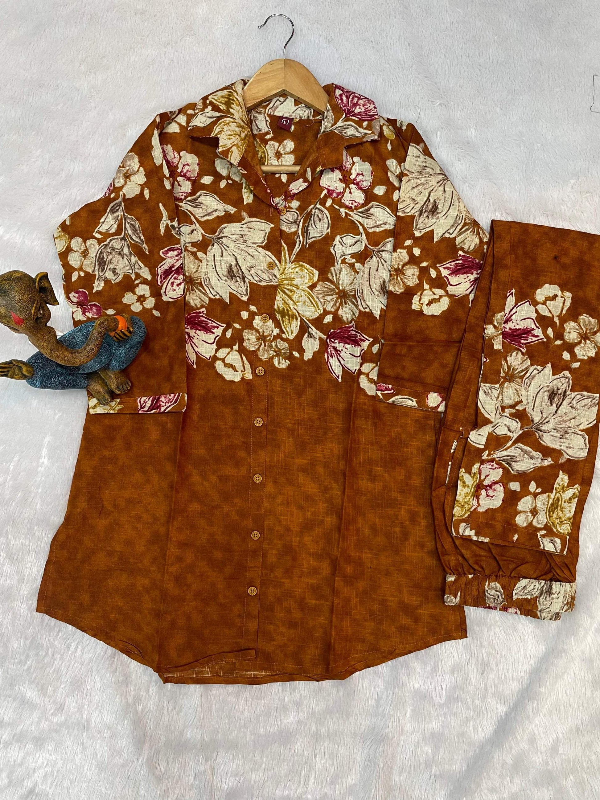 Sonakshi Women's Mustard Cotton Printed Straight Top & Bottom Set