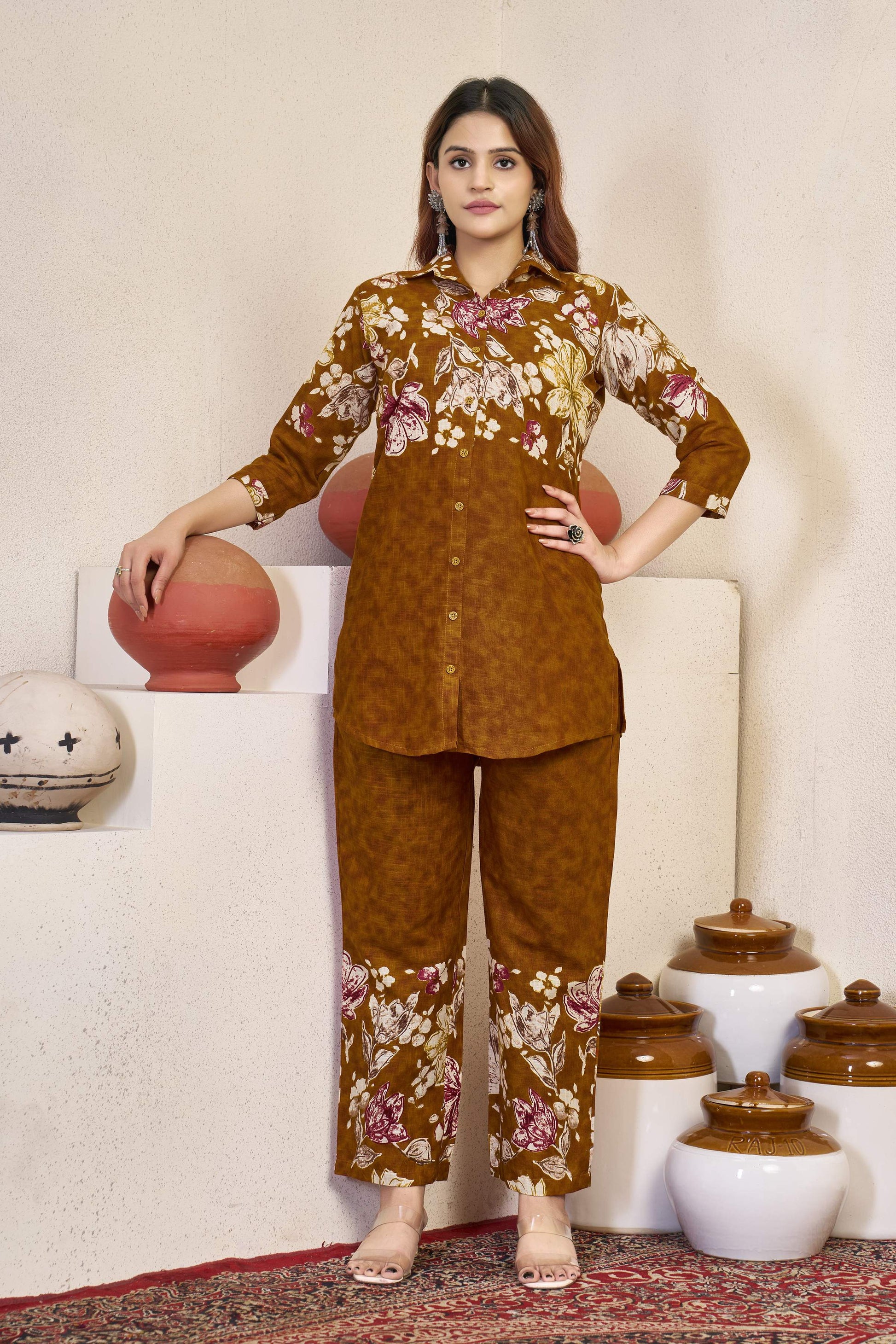 Sonakshi Women's Mustard Cotton Printed Straight Top & Bottom Set