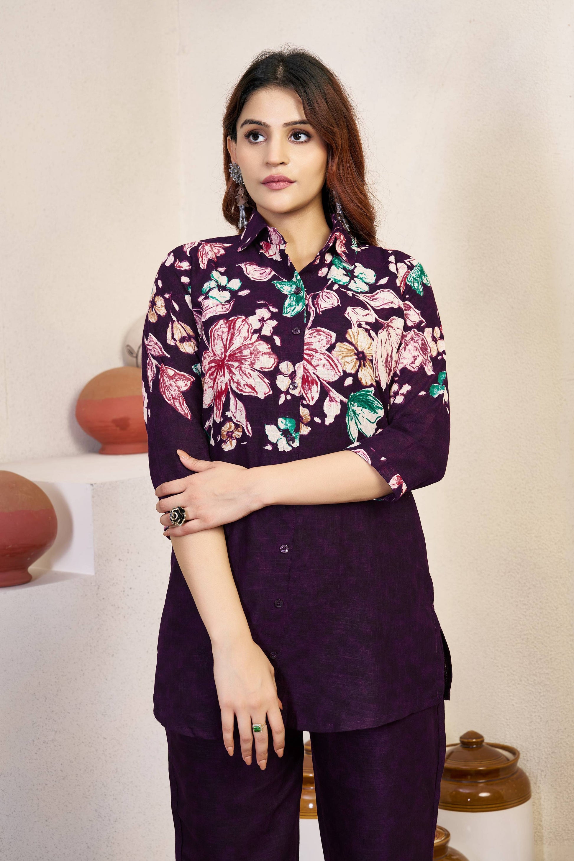 Sonakshi Women's Wine Cotton Printed Straight Top & Bottom Set