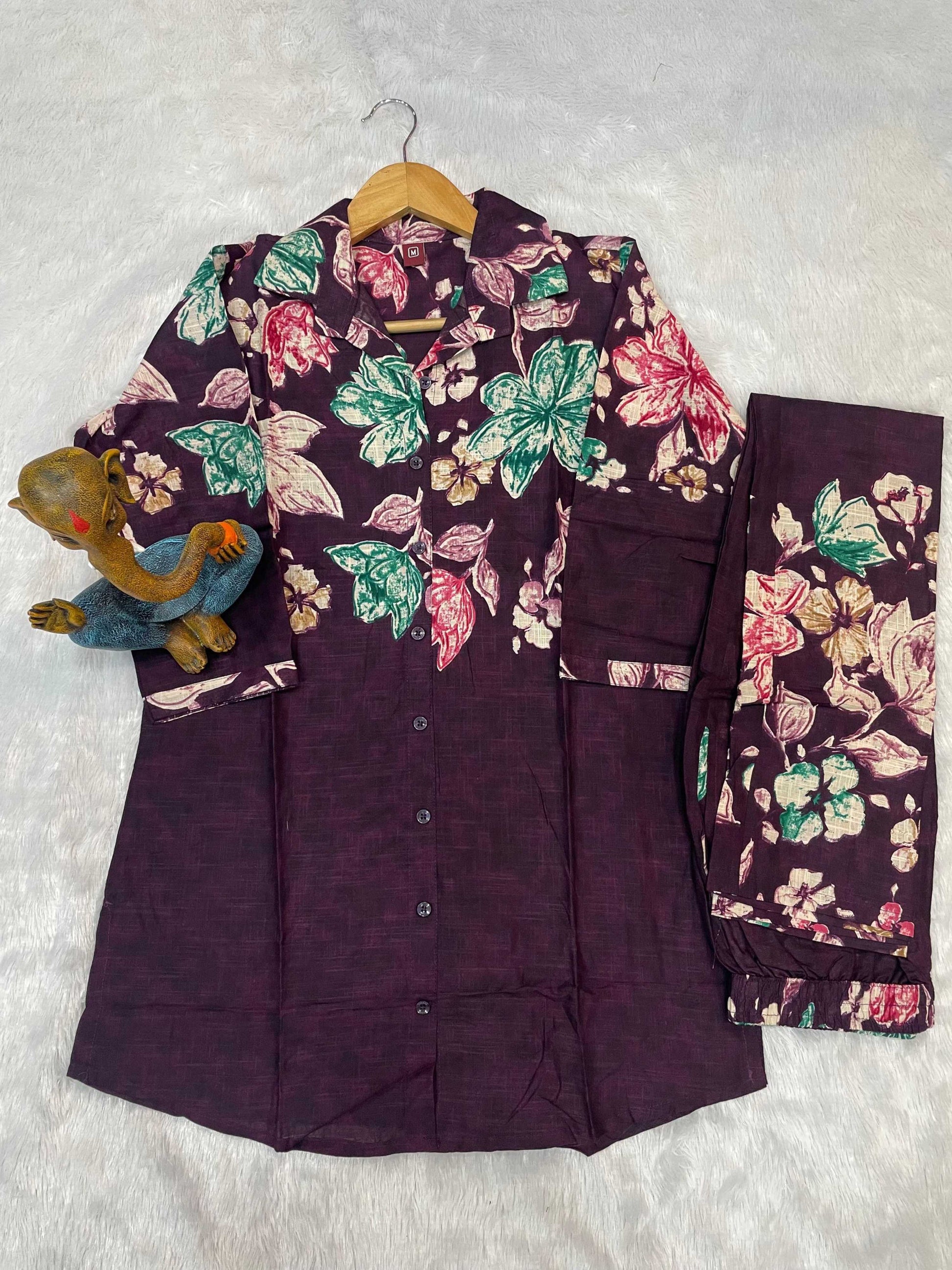 Sonakshi Women's Wine Cotton Printed Straight Top & Bottom Set