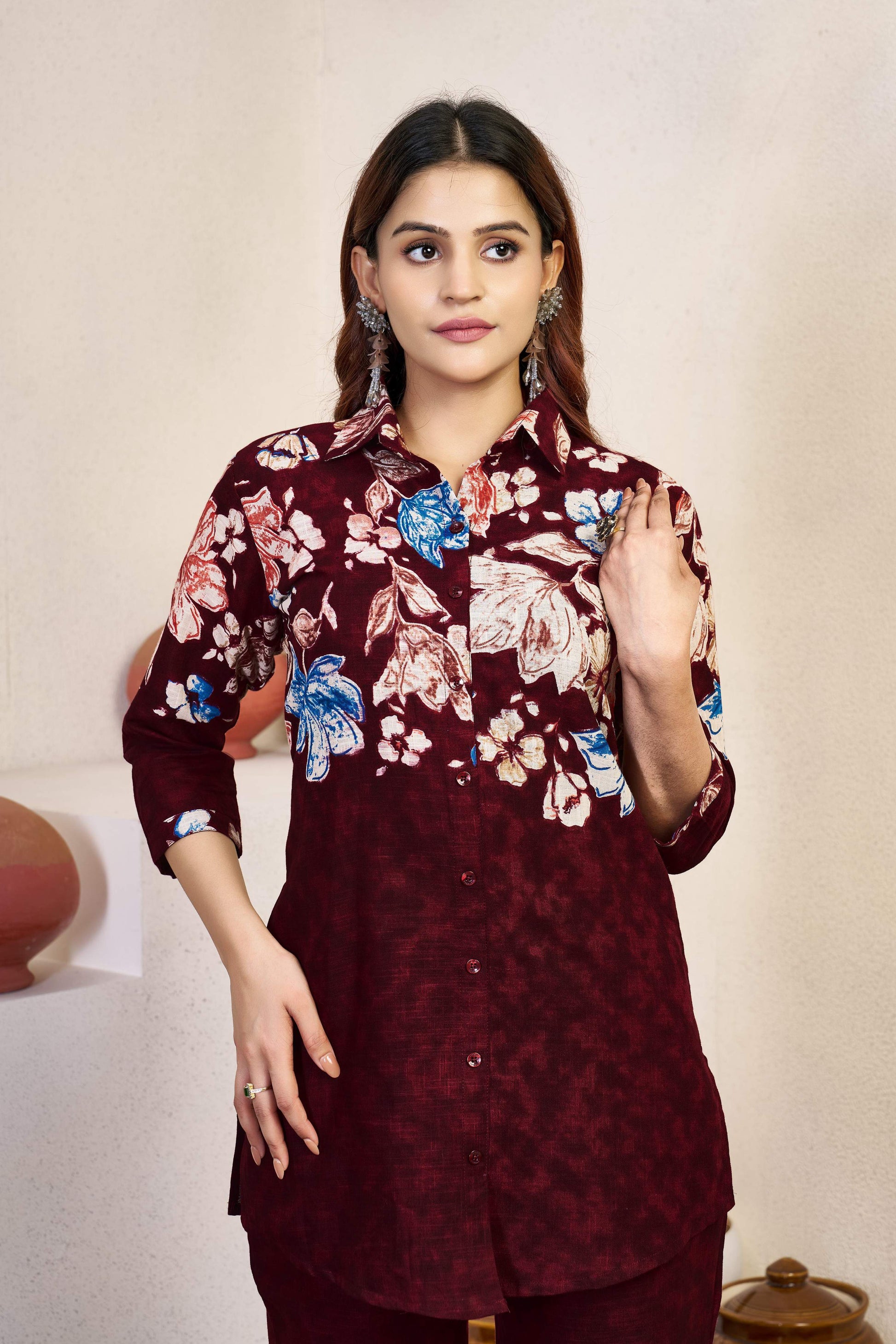 Sonakshi Women's Maroon Cotton Printed Straight Top & Bottom Set