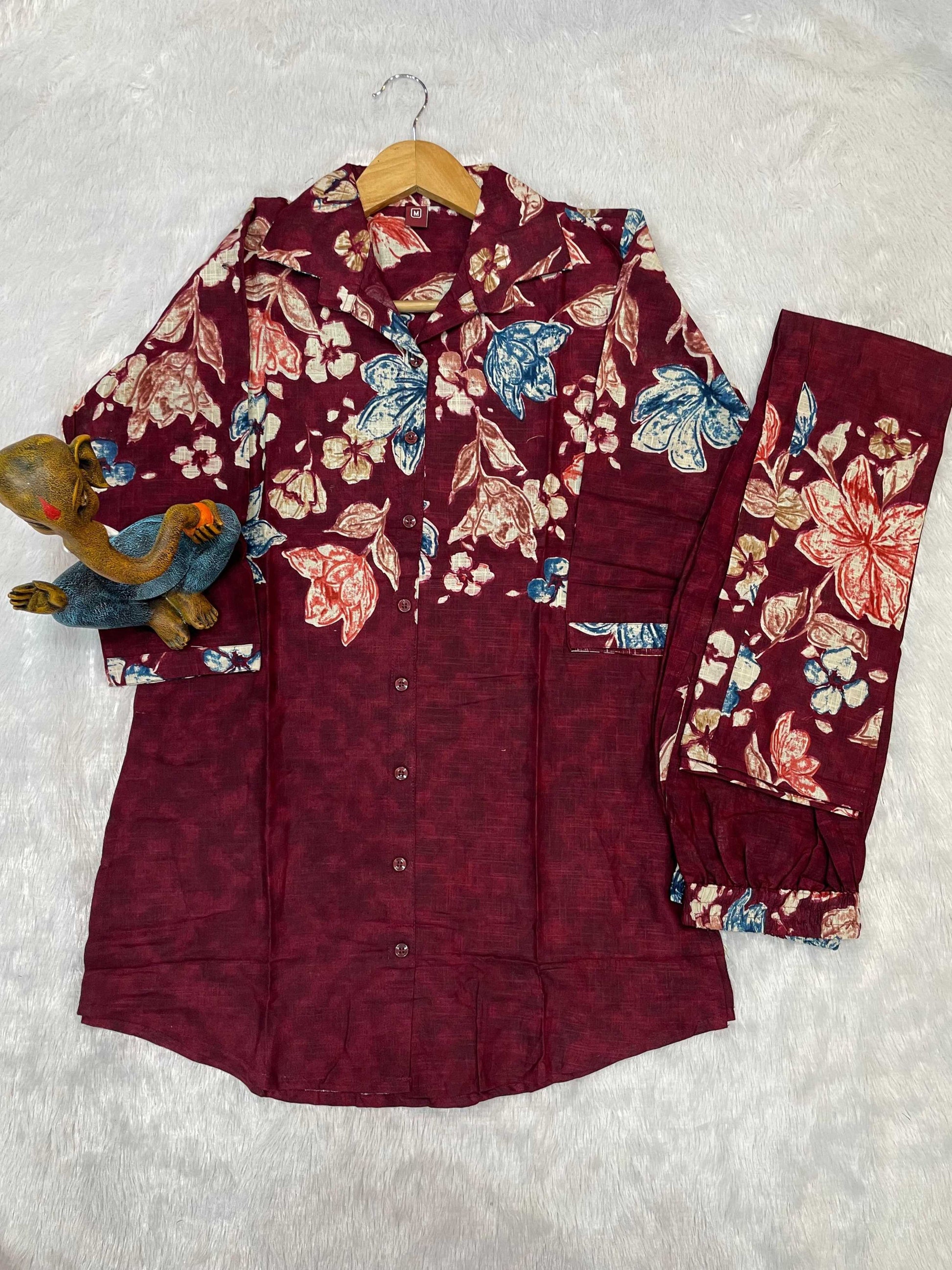 Sonakshi Women's Maroon Cotton Printed Straight Top & Bottom Set