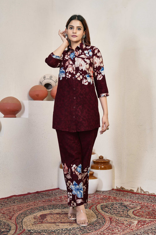 Sonakshi Women's Maroon Cotton Printed Straight Top & Bottom Set