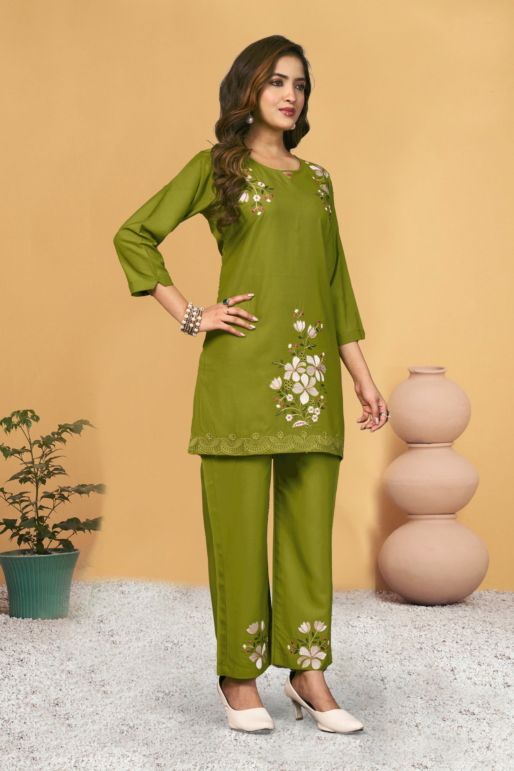Sonakshi Women's Green Viscose Rayon Embroidered Straight Top & Bottom Set