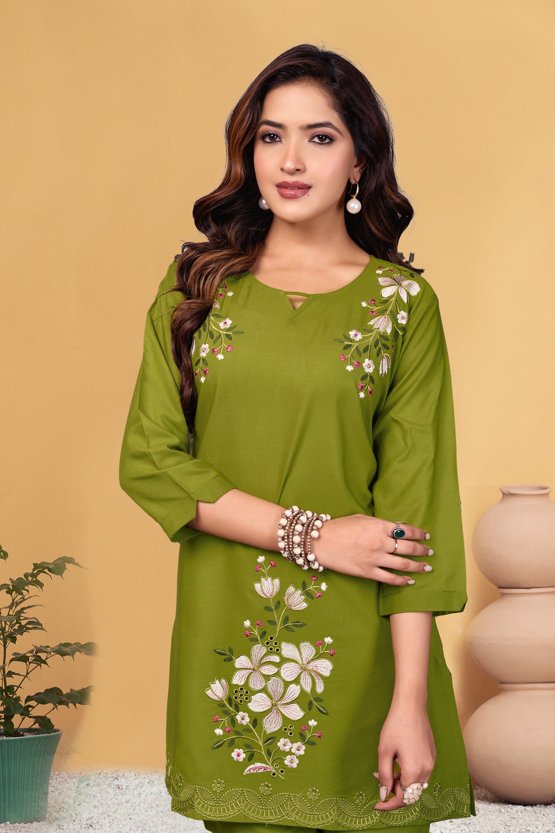 Sonakshi Women's Green Viscose Rayon Embroidered Straight Top & Bottom Set