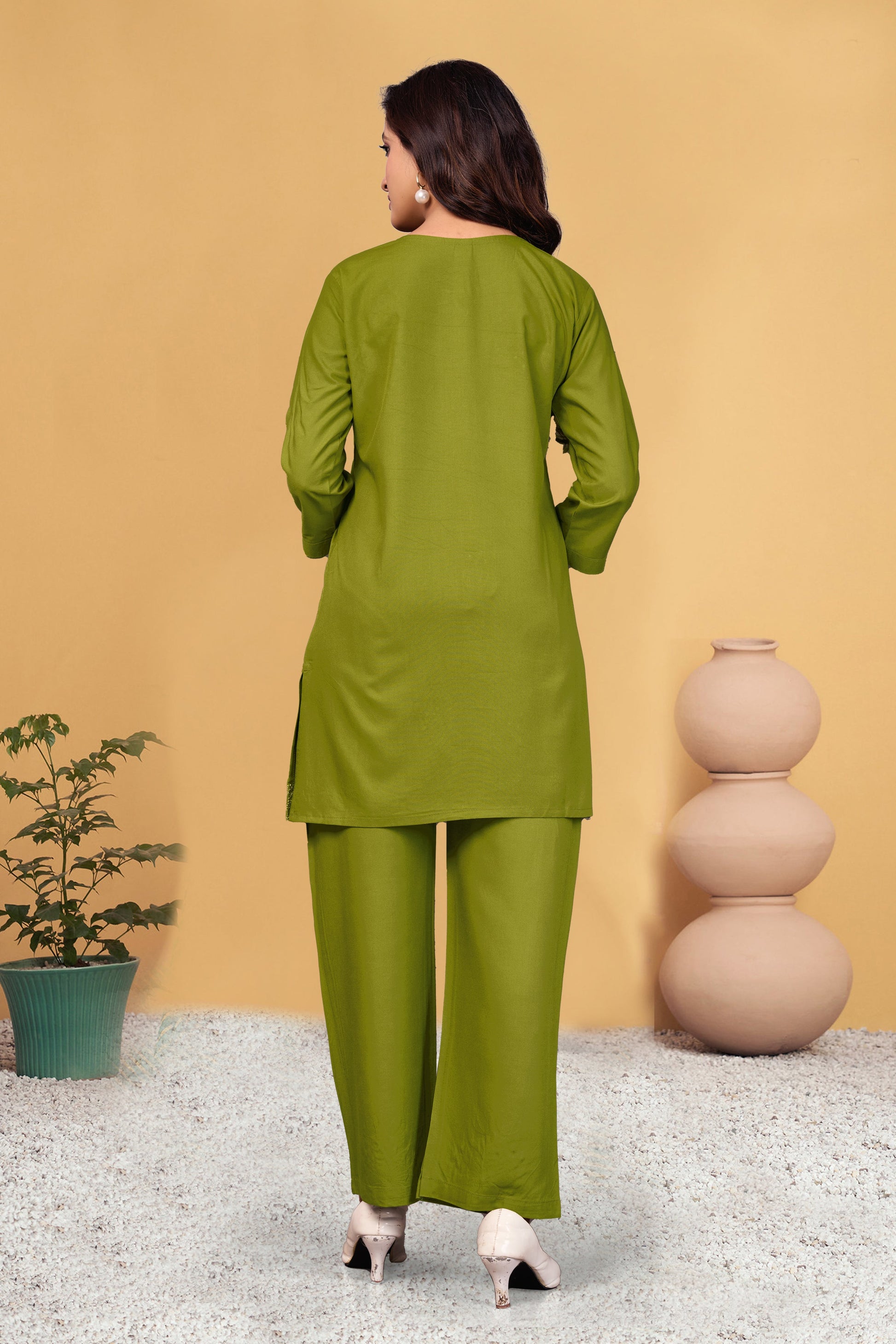 Sonakshi Women's Green Viscose Rayon Embroidered Straight Top & Bottom Set