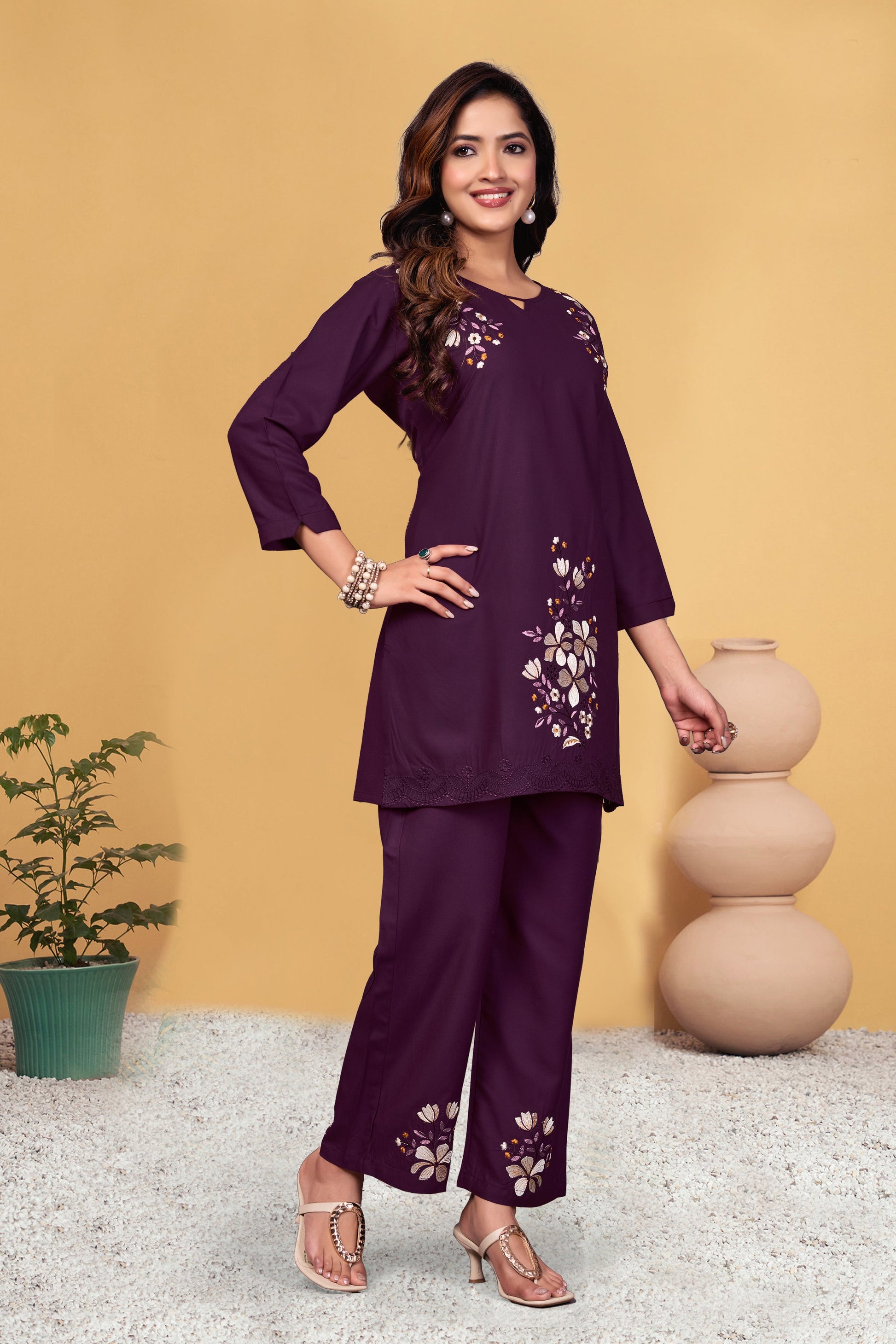 Sonakshi Women's Wine Viscose Rayon Embroidered Straight Top & Bottom Set