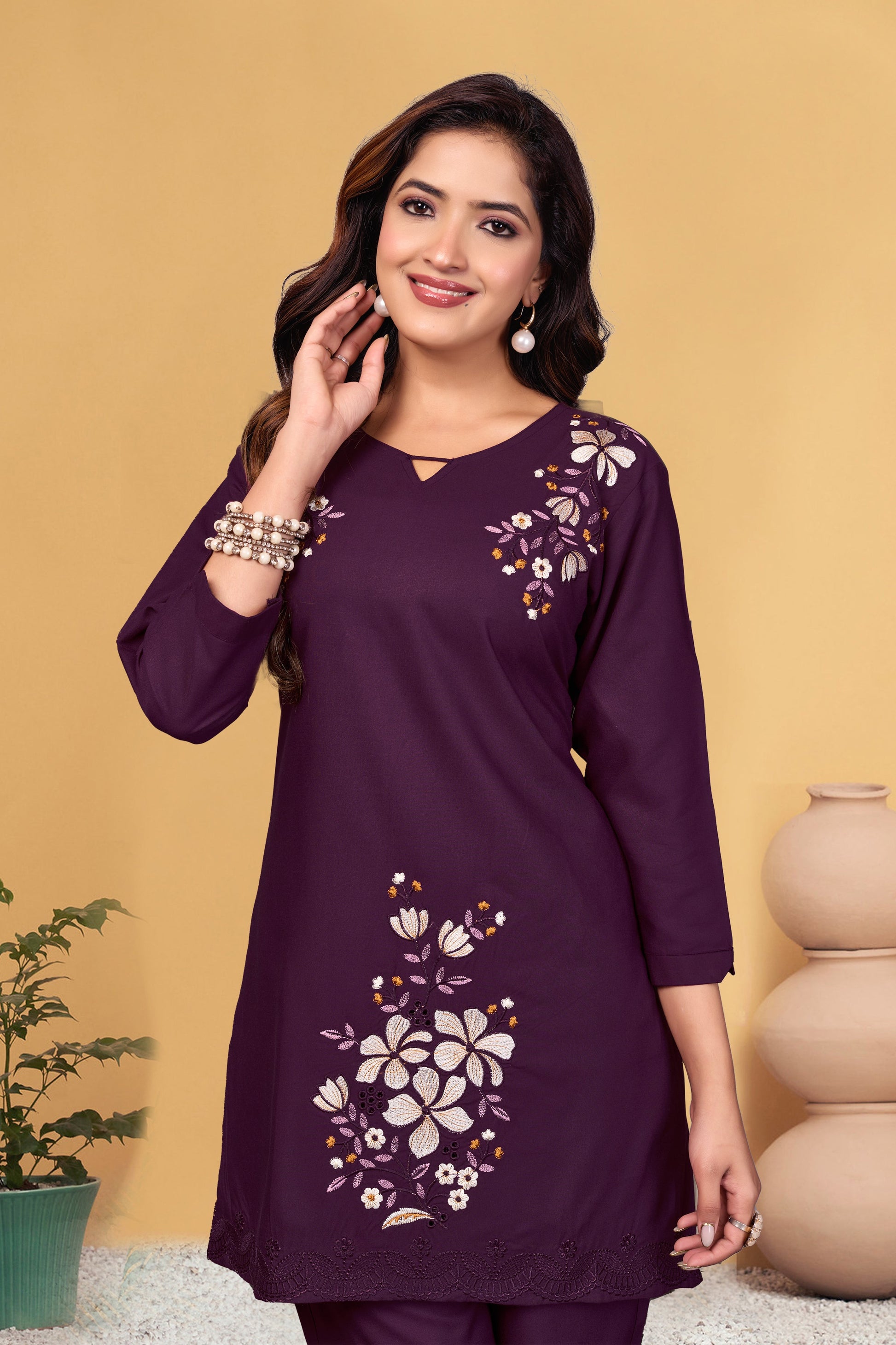 Sonakshi Women's Wine Viscose Rayon Embroidered Straight Top & Bottom Set