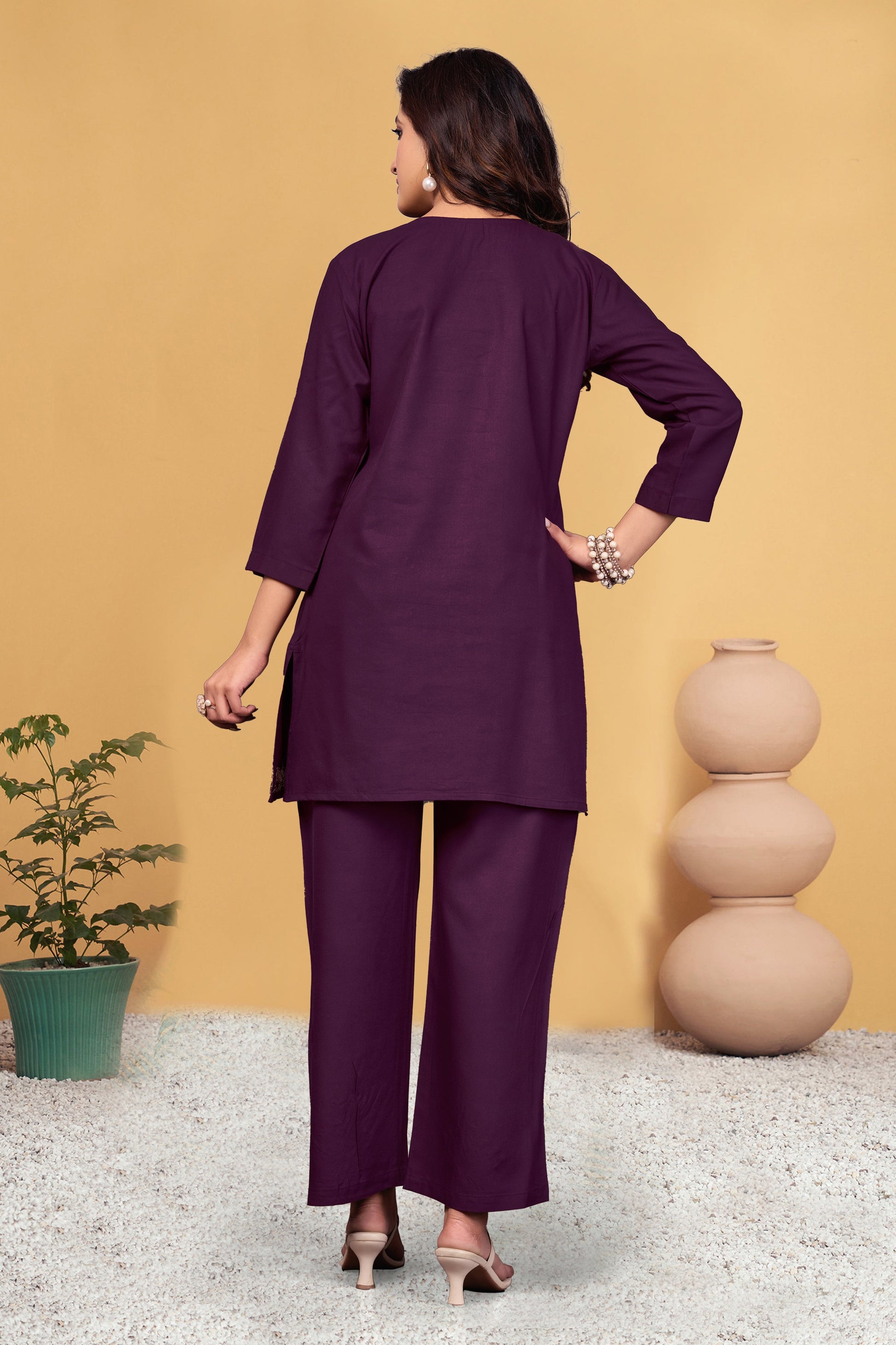 Sonakshi Women's Wine Viscose Rayon Embroidered Straight Top & Bottom Set