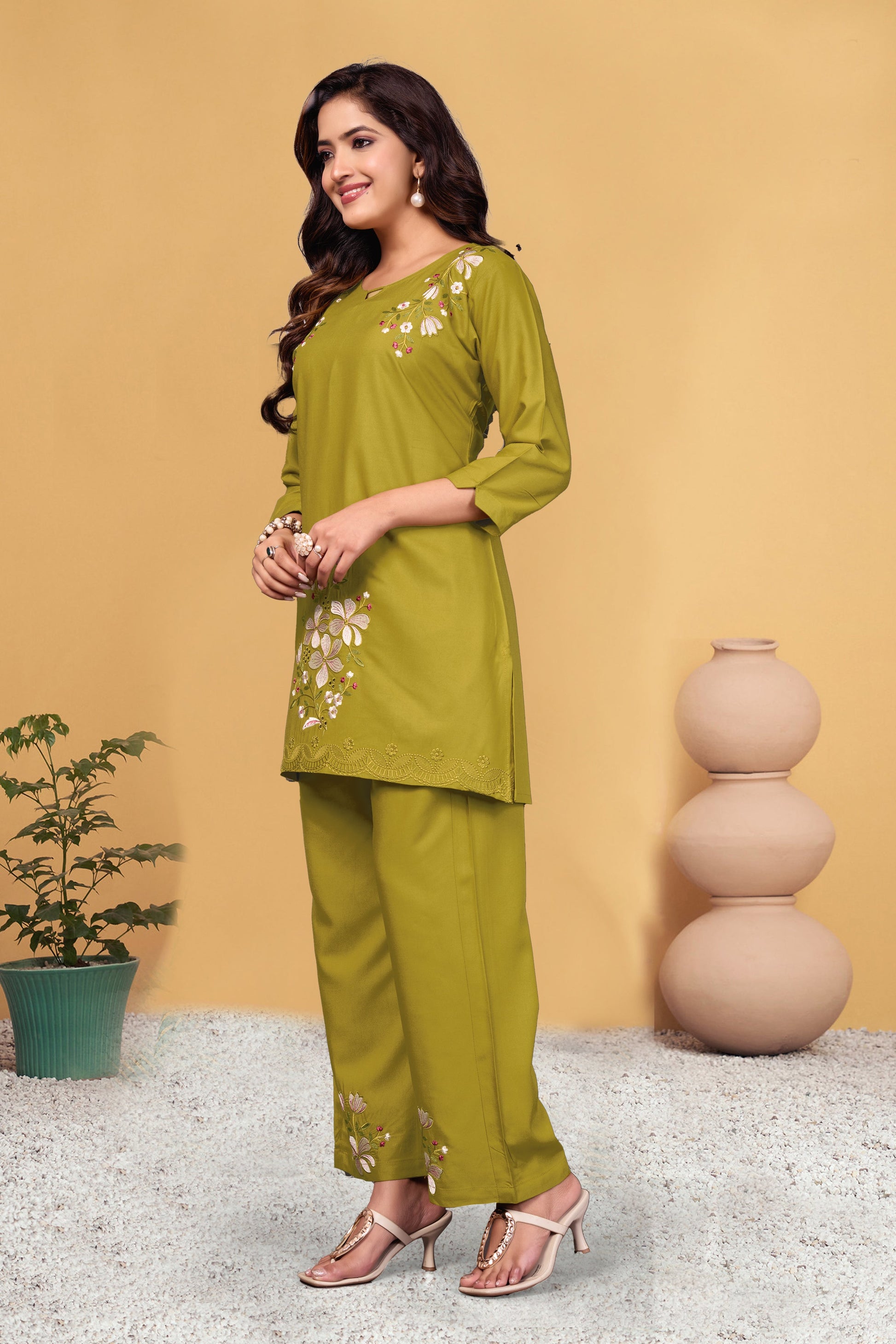 Sonakshi Women's Mehendi Viscose Rayon Embroidered Straight Top & Bottom Set