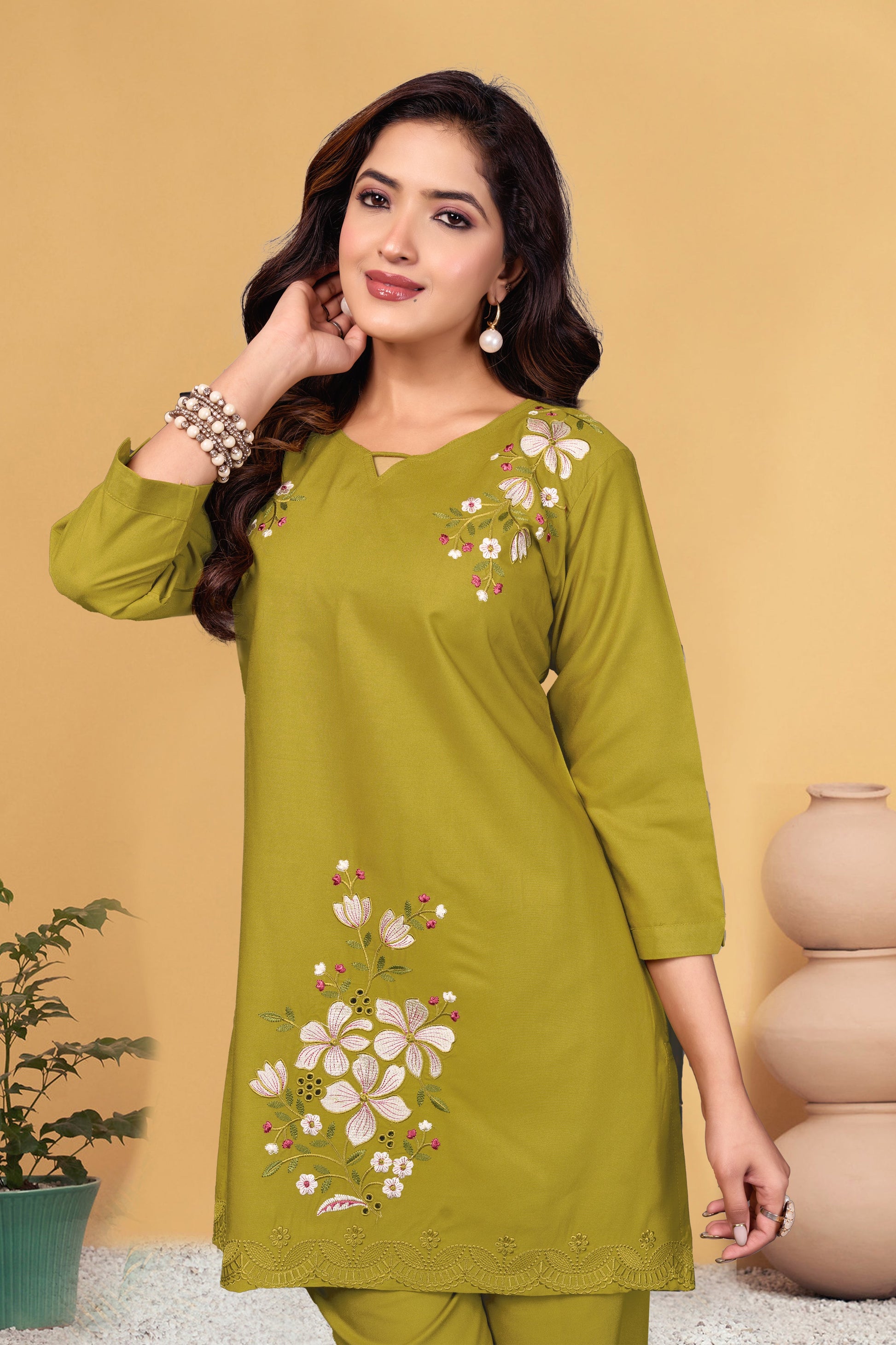 Sonakshi Women's Mehendi Viscose Rayon Embroidered Straight Top & Bottom Set