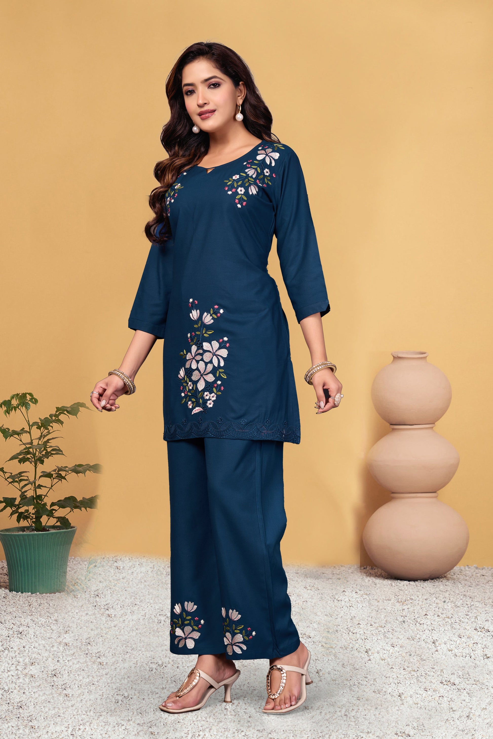 Sonakshi Women's Teal Viscose Rayon Embroidered Straight Top & Bottom Set