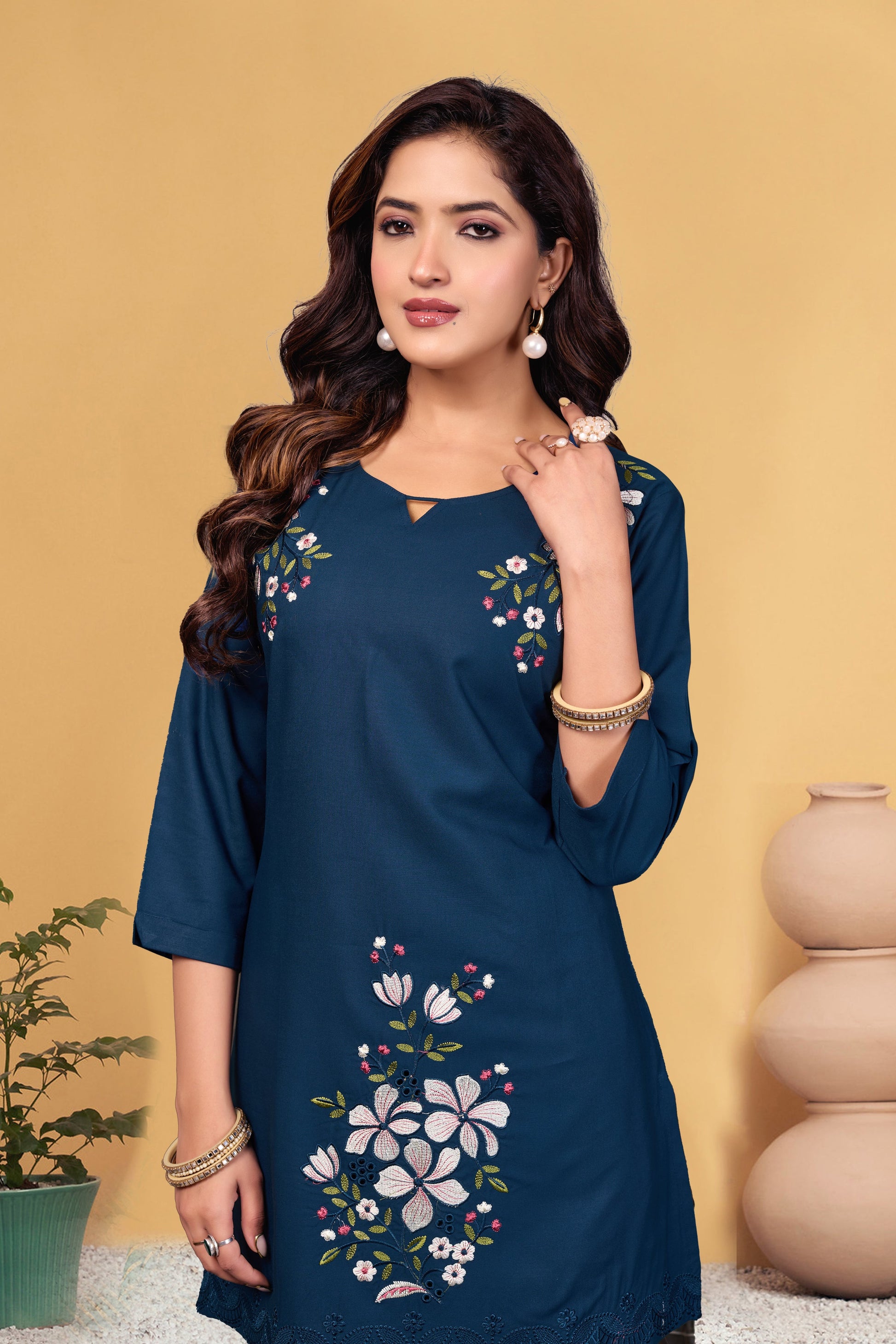 Sonakshi Women's Teal Viscose Rayon Embroidered Straight Top & Bottom Set