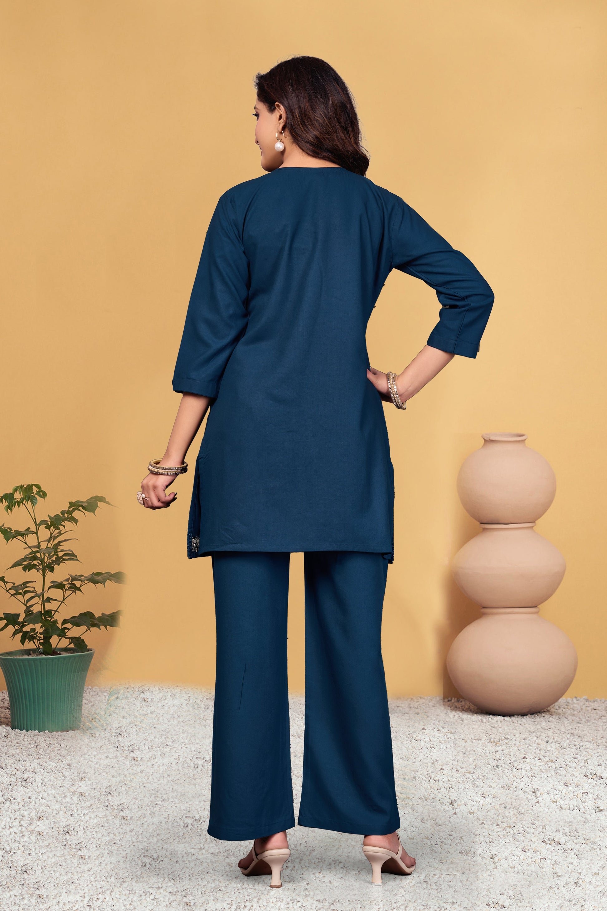 Sonakshi Women's Teal Viscose Rayon Embroidered Straight Top & Bottom Set