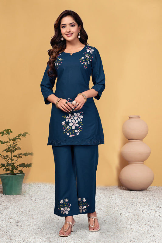 Sonakshi Women's Teal Viscose Rayon Embroidered Straight Top & Bottom Set