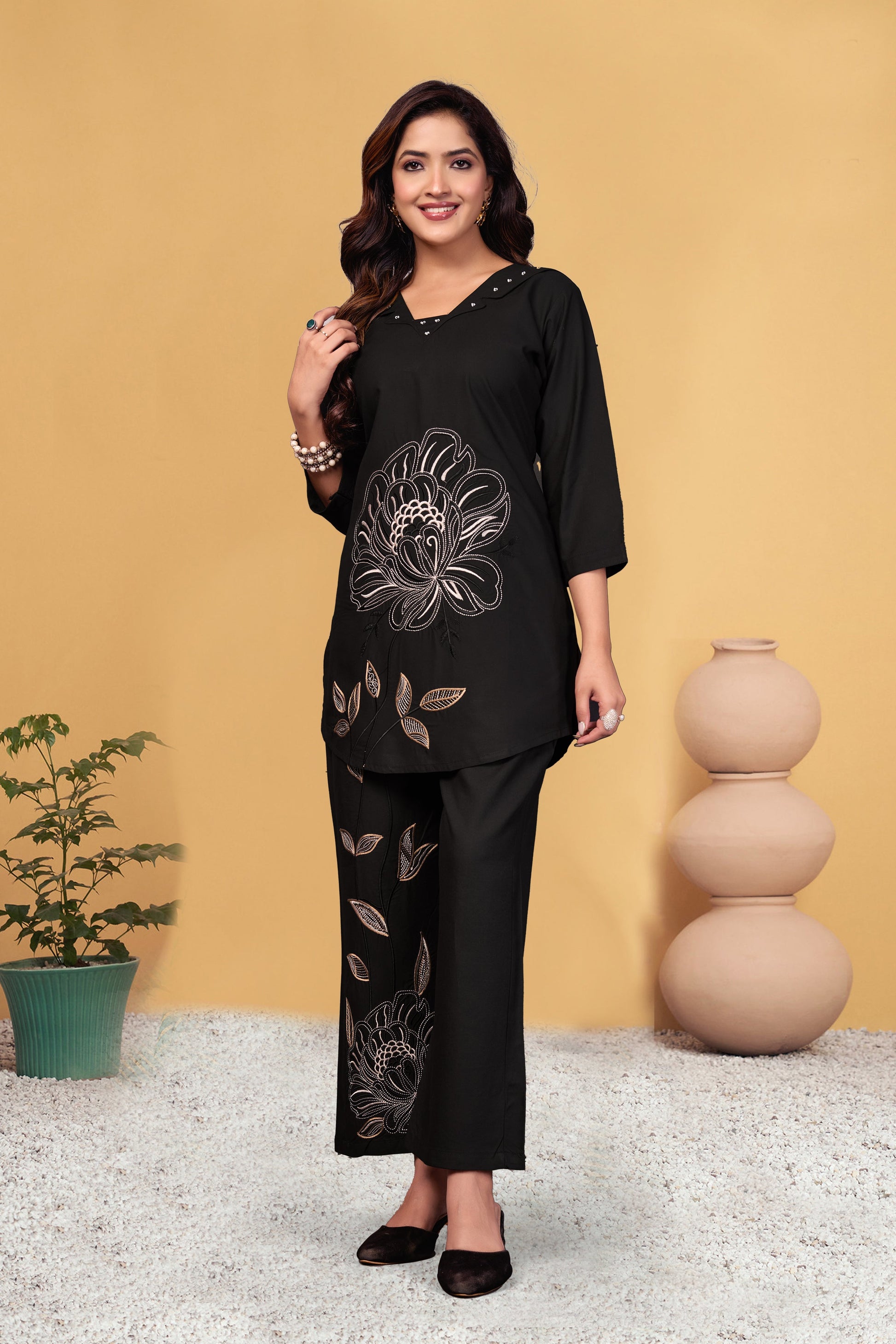 Sonakshi Women's Black Viscose Rayon Embroidered Straight Top & Bottom Set