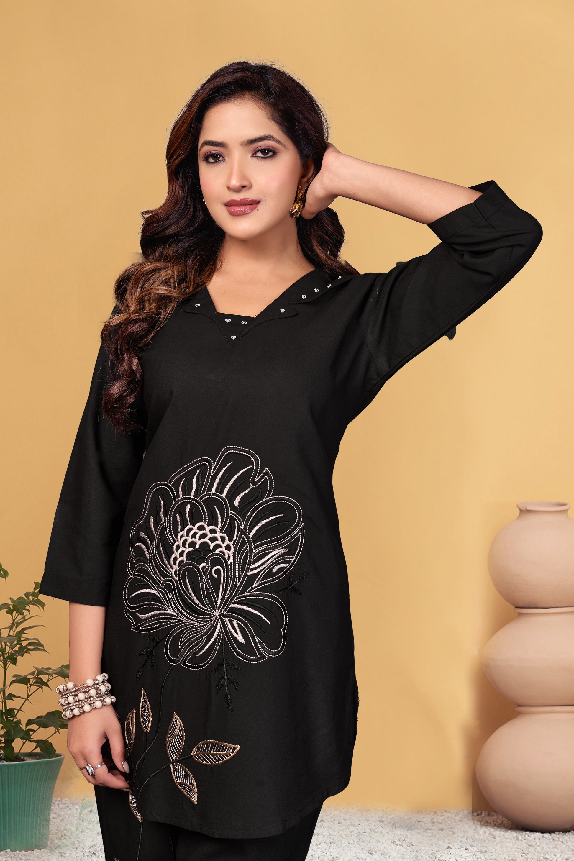 Sonakshi Women's Black Viscose Rayon Embroidered Straight Top & Bottom Set